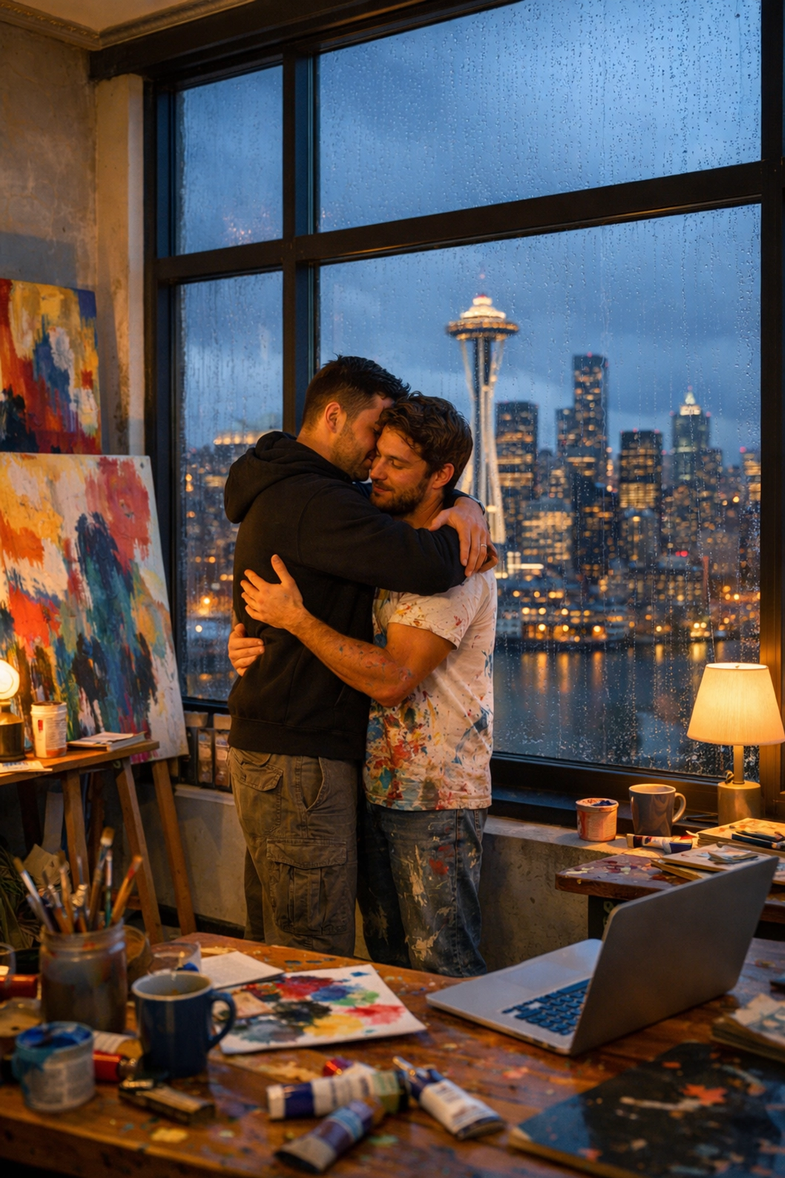LGBTQ+ couple embracing in art-filled Seattle apartment with rainy skyline view