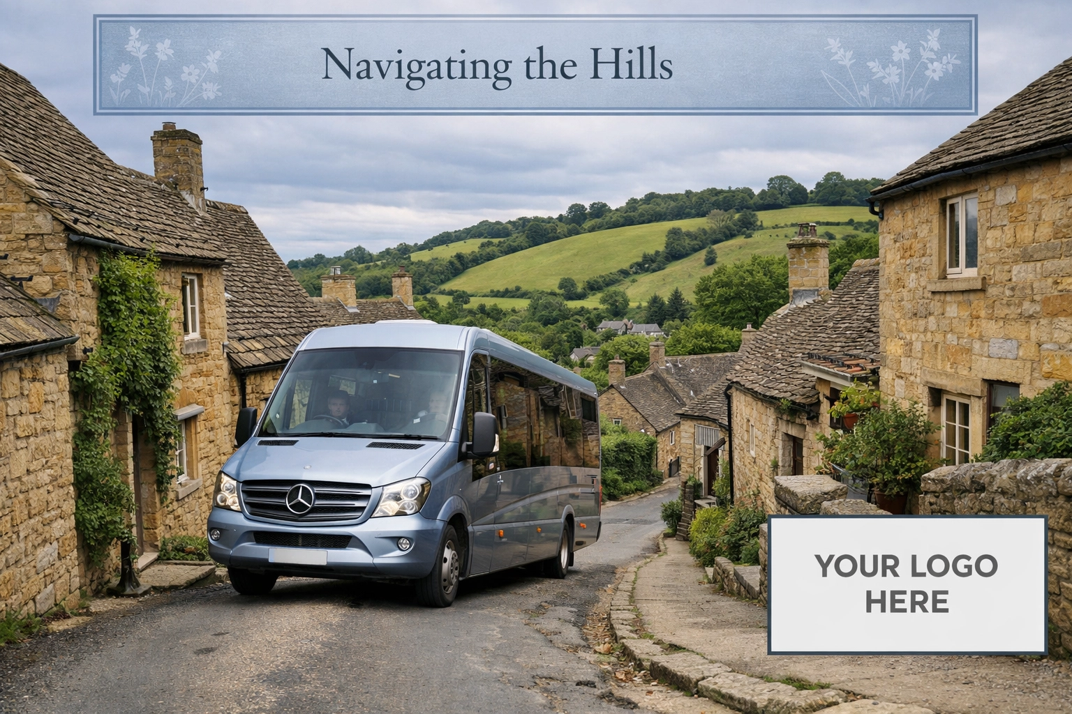 A silver blue Mercedes minibus navigating a narrow honey-stone lane in Snowshill village.