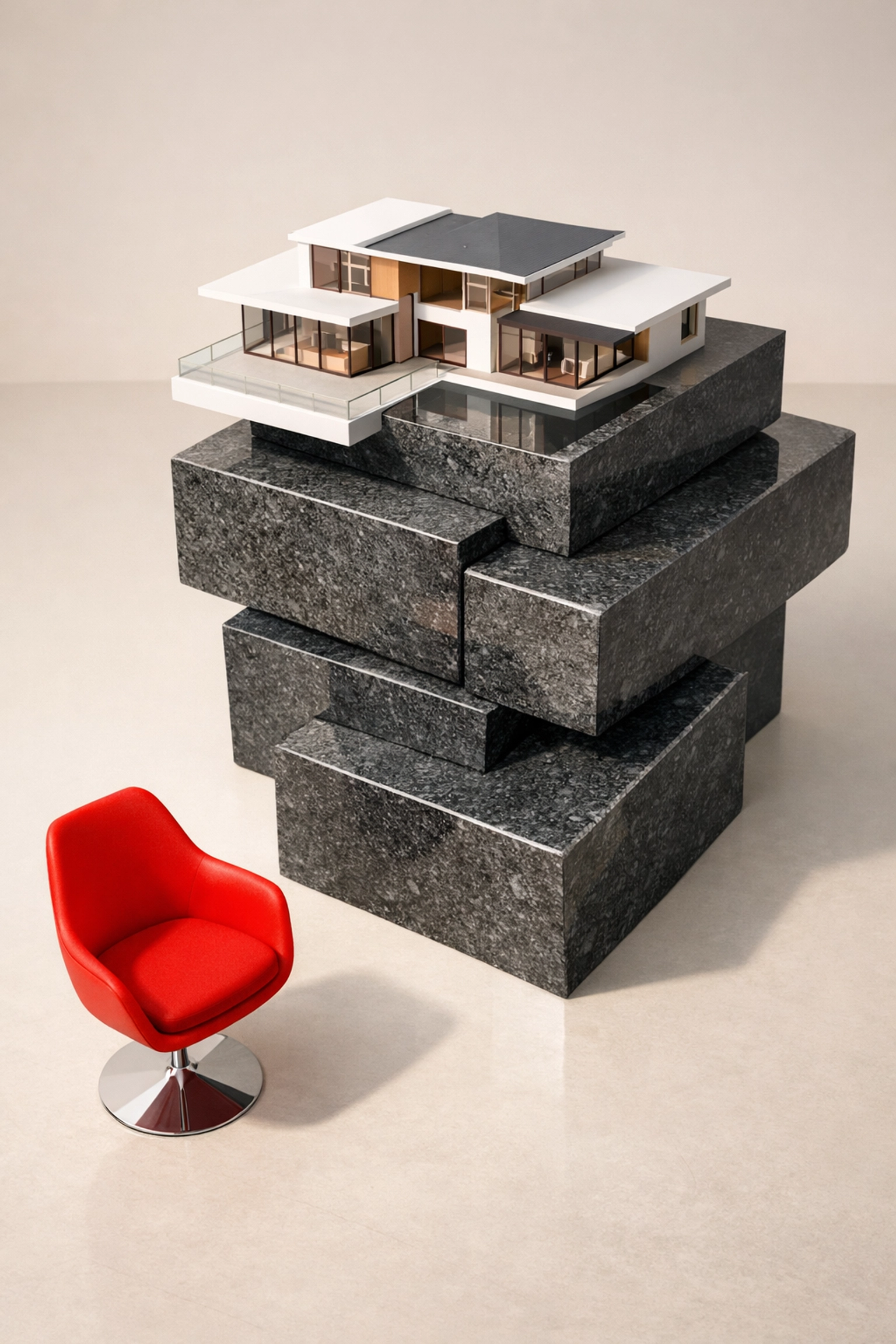 Minimalist house model on stone blocks representing secure real estate investment funding and hard money collateral.