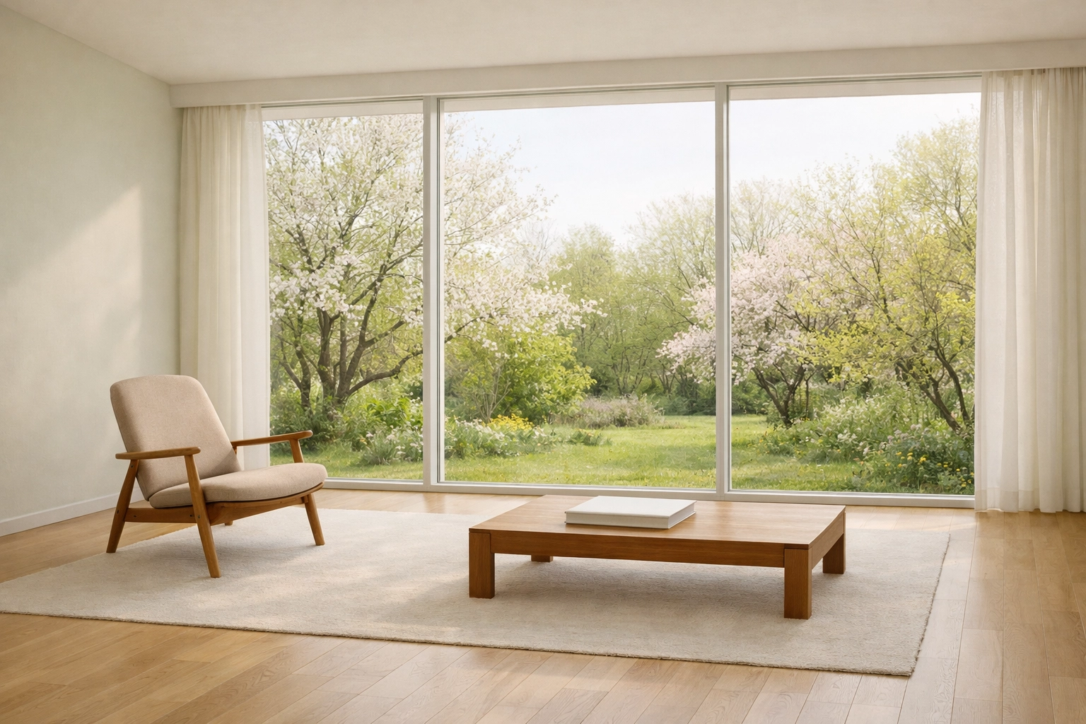 Modern living room overlooking a spring garden representing 2026 real estate inventory.