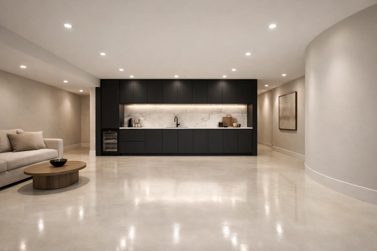 Modern basement suite featuring bone-colored microcement flooring and a sleek minimalist kitchenette.