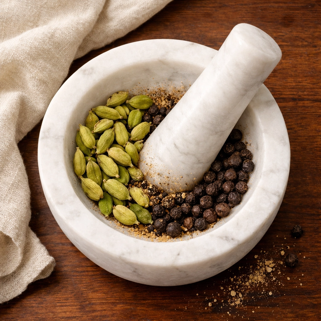 Whole Kerala cardamom and black peppercorns in a marble mortar for farm-fresh spice blending.