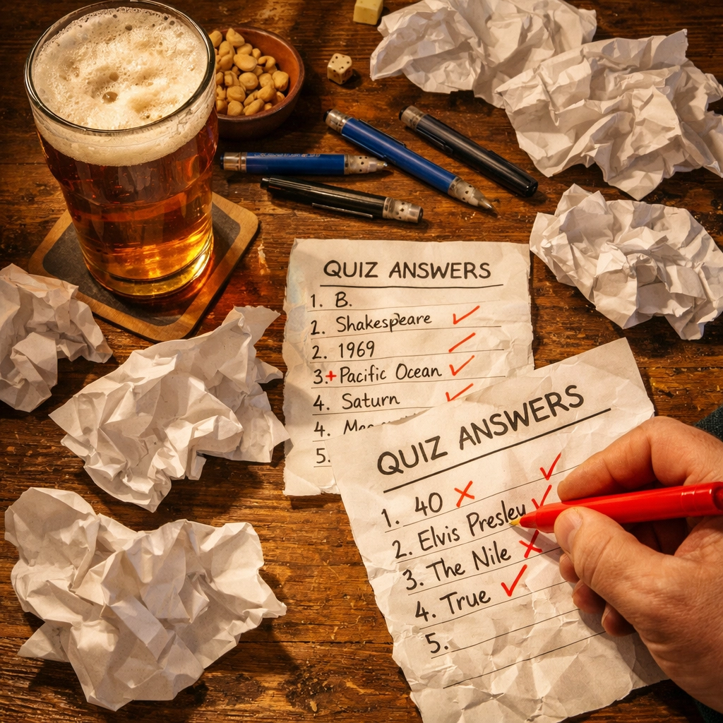 Traditional pub quiz with paper answer sheets, pens, and beer on wooden table