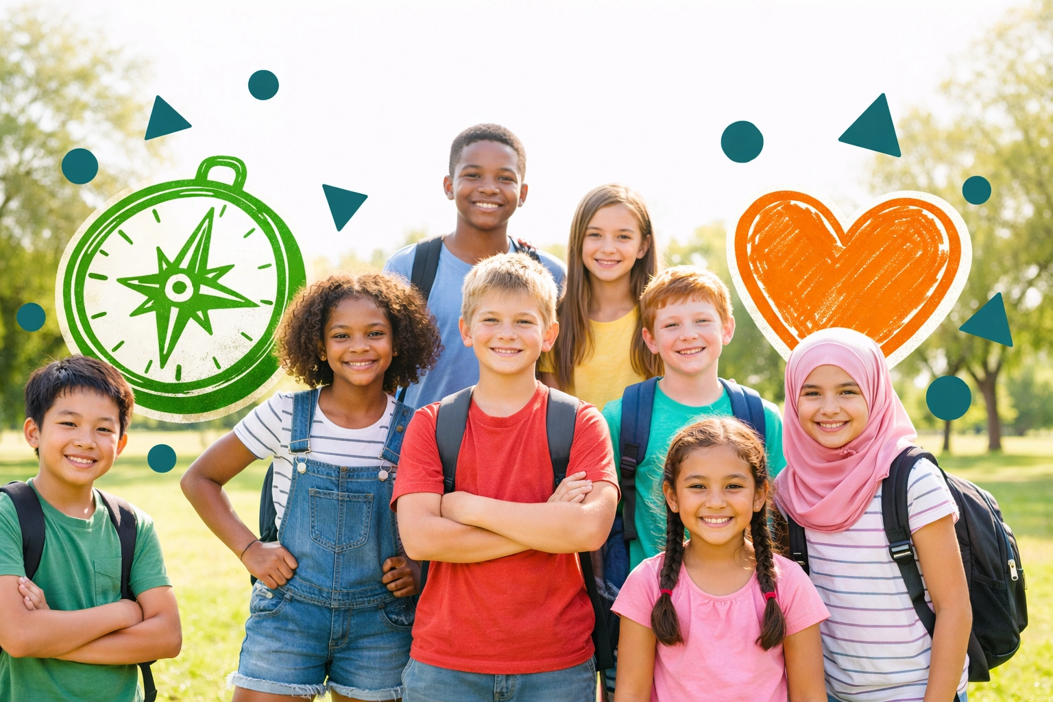 Group of diverse children and teens in a park showing the impact of character building and life skills training.