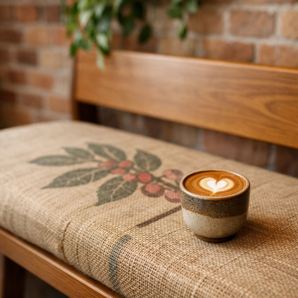 Repurposed hessian coffee sack used for upholstery on a wooden cafe bench next to a latte.