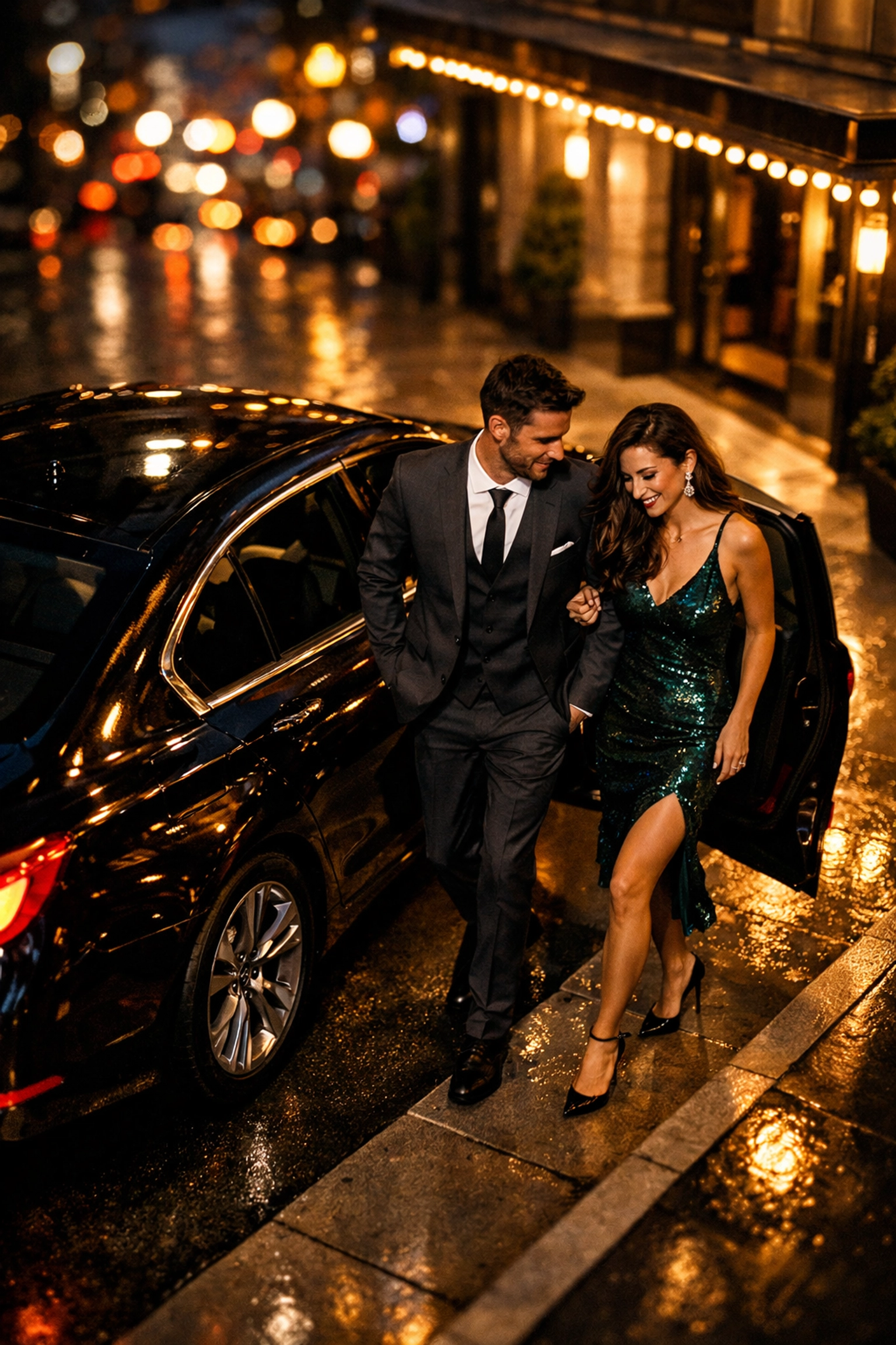 Elegant couple arriving at a luxury Chicago event in a sleek black luxury sedan.