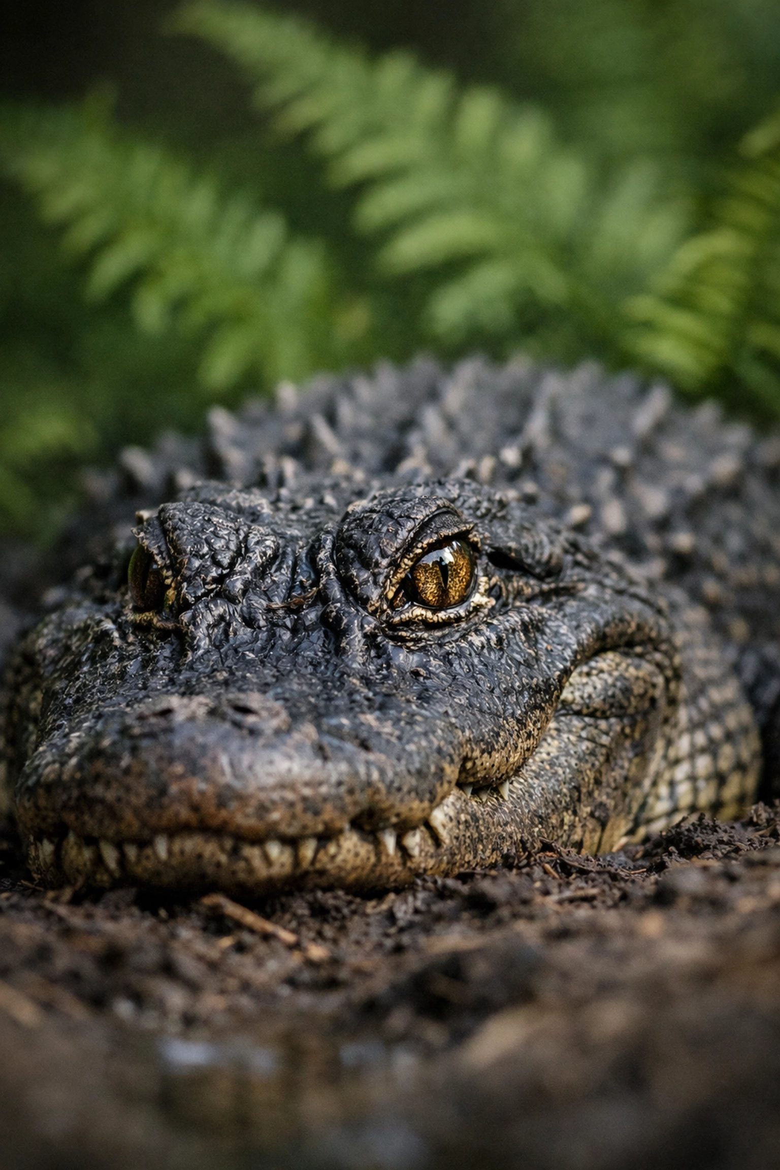 Low-angle, eye-level wildlife photo of an alligator on a bank, highlighting focus and composition tips.
