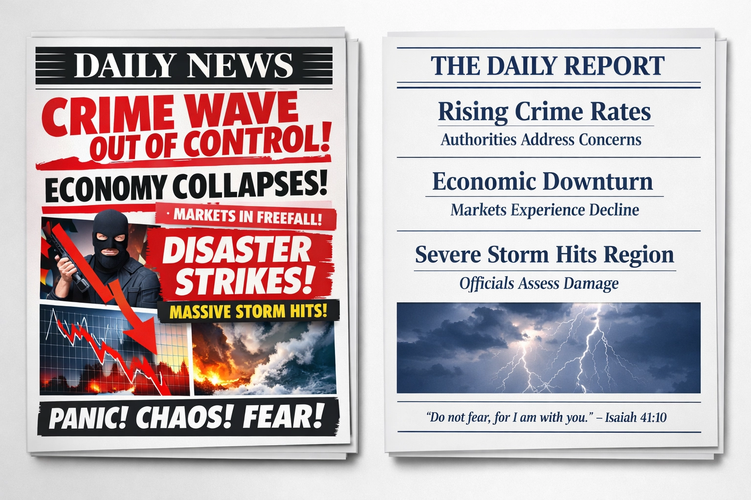 Side-by-side comparison of anxiety-inducing news headlines versus calm factual news presentation