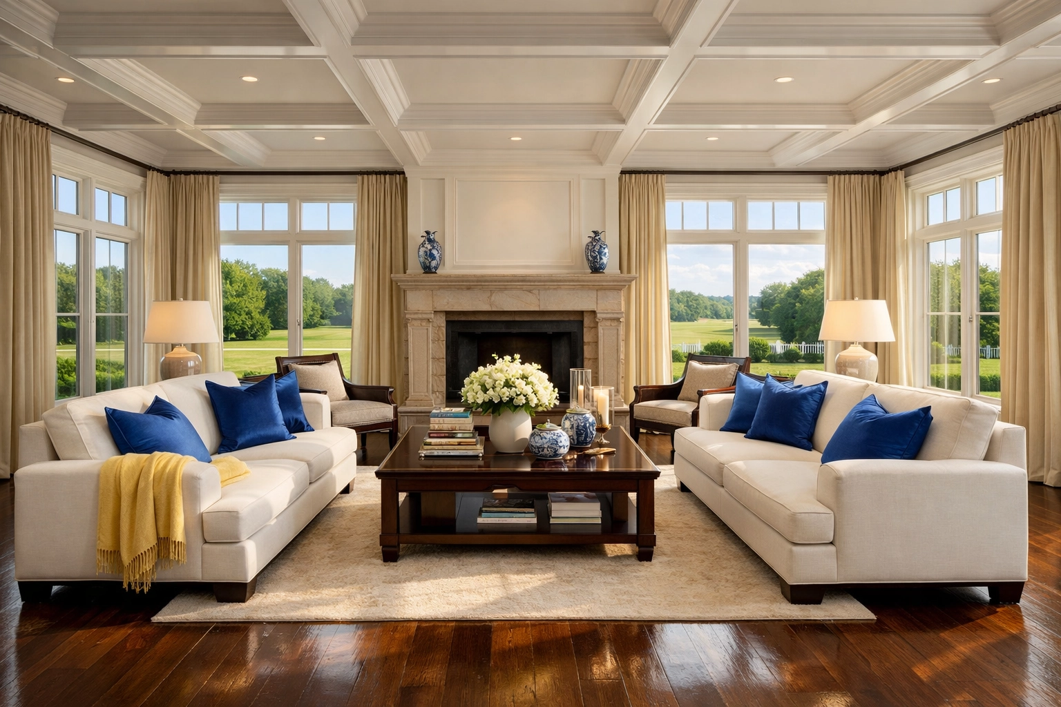 Spotless living room in a North Shore manor maintained by luxury house cleaning in Hamilton.