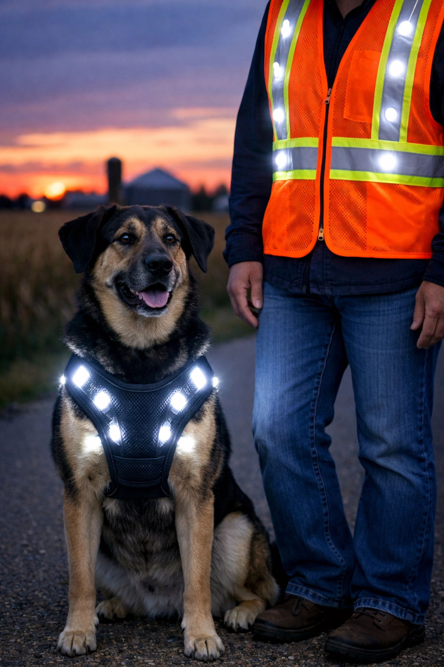 Person in LED safety vest and dog in black mesh LED harness glowing with white lights on a rural road at dusk.