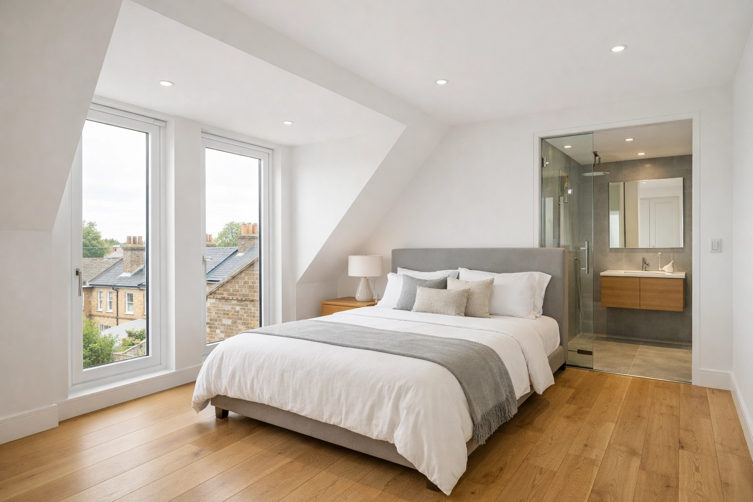Modern L-shaped dormer loft conversion in a Walthamstow Victorian terrace featuring a light-filled master bedroom.