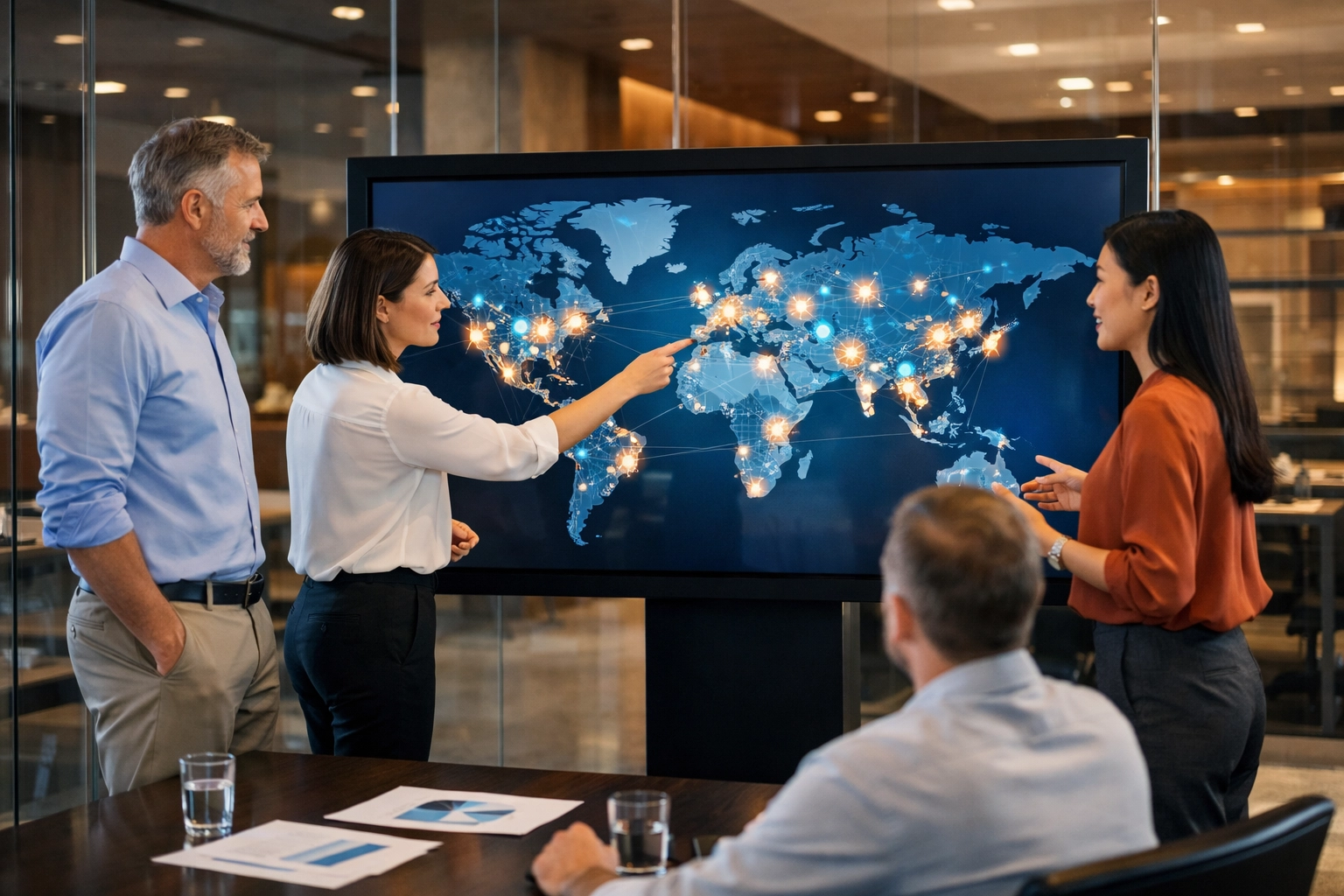 Business professionals analyzing global brand partnership strategies during a Dakdan innovation cycle.