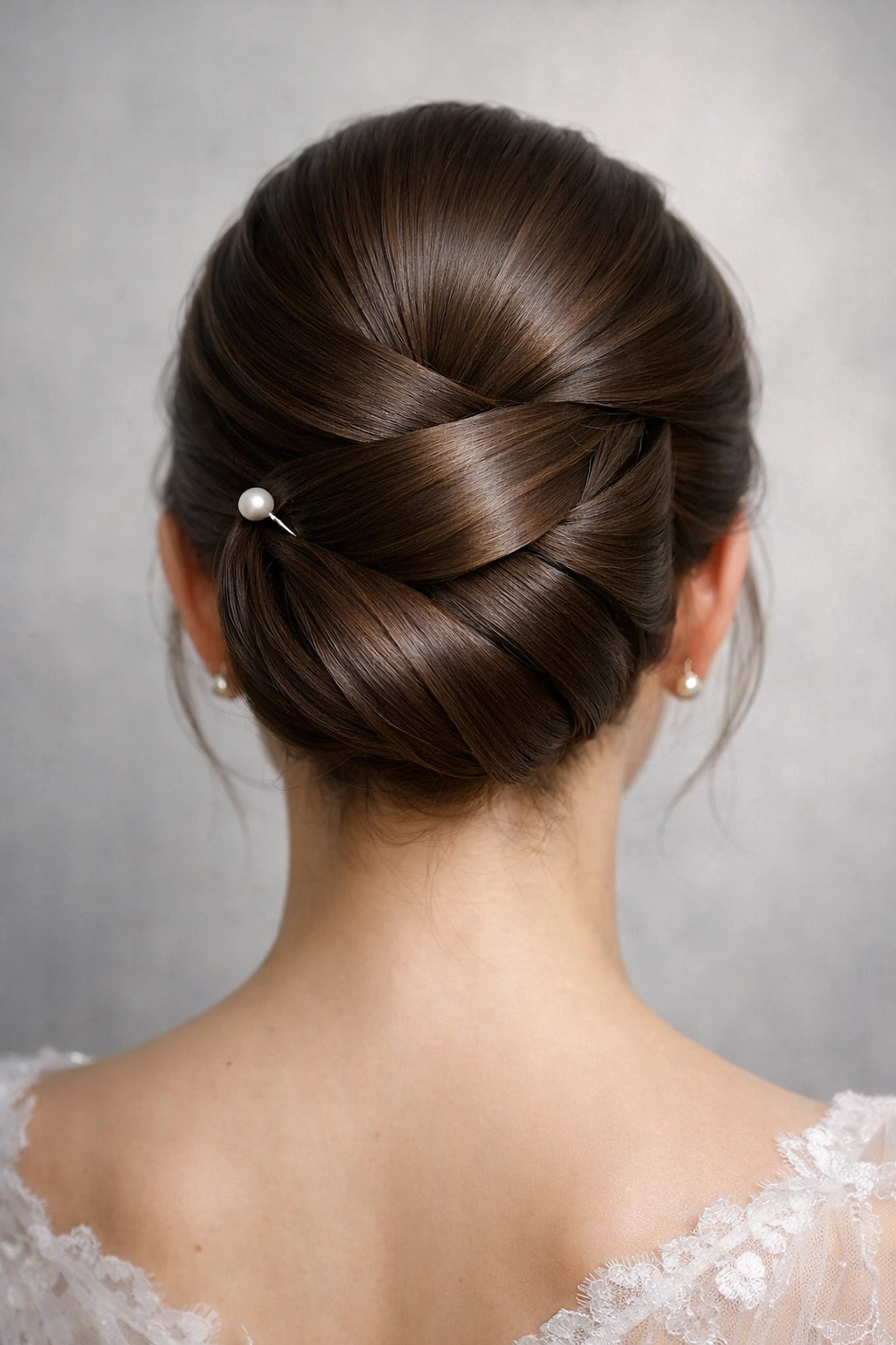 Sleek architectural bun bridal updo with pearl accent at a Concord NH hair salon.