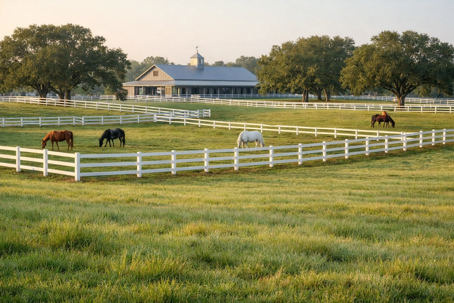 Horses grazing in fenced paddocks at well-maintained Marvin NC equestrian farm
