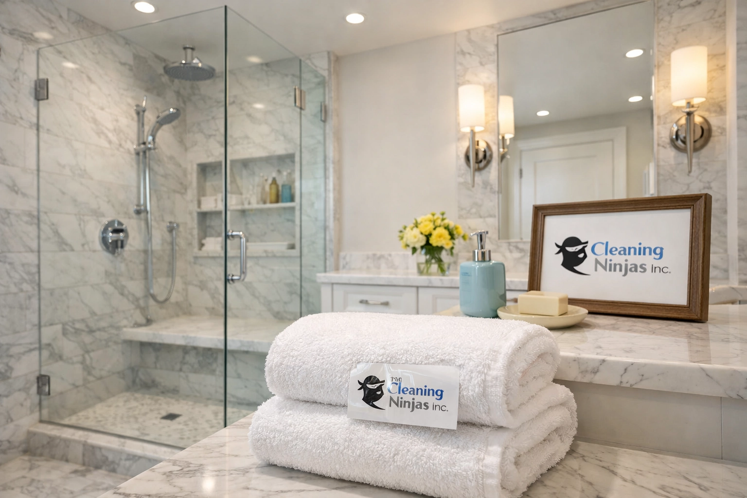 Pristine luxury bathroom with marble tile, demonstrating long-term asset protection by The Cleaning Ninjas.