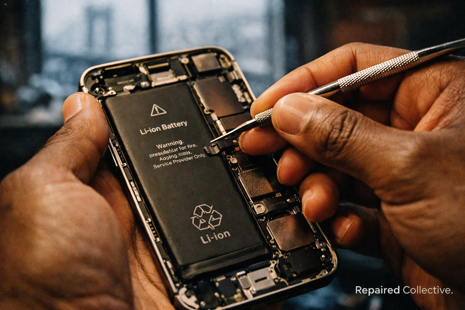 Technician replacing iPhone battery with precision tools during mobile repair service