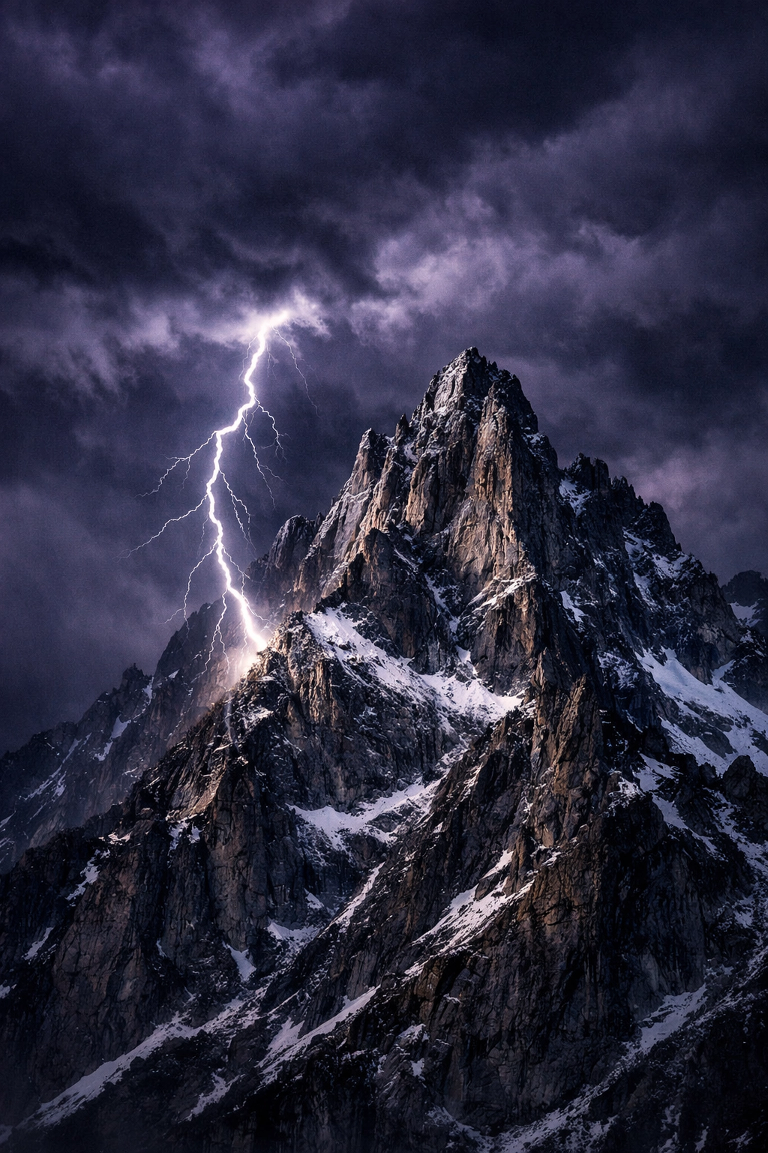Lightning striking a snowy mountain peak, showcasing dramatic landscape photography locations in a storm.