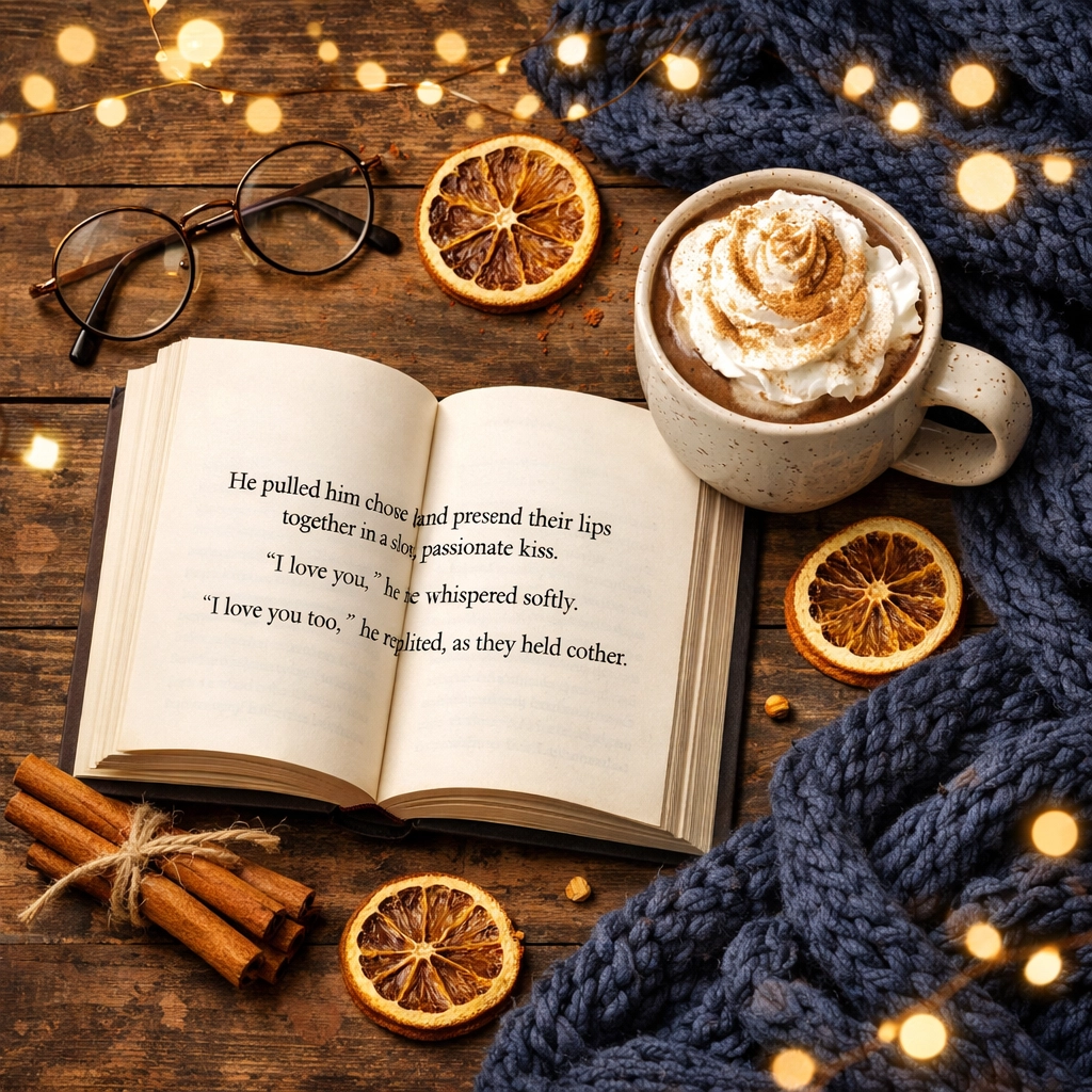 Gay romance book with hot chocolate and blanket for winter reading