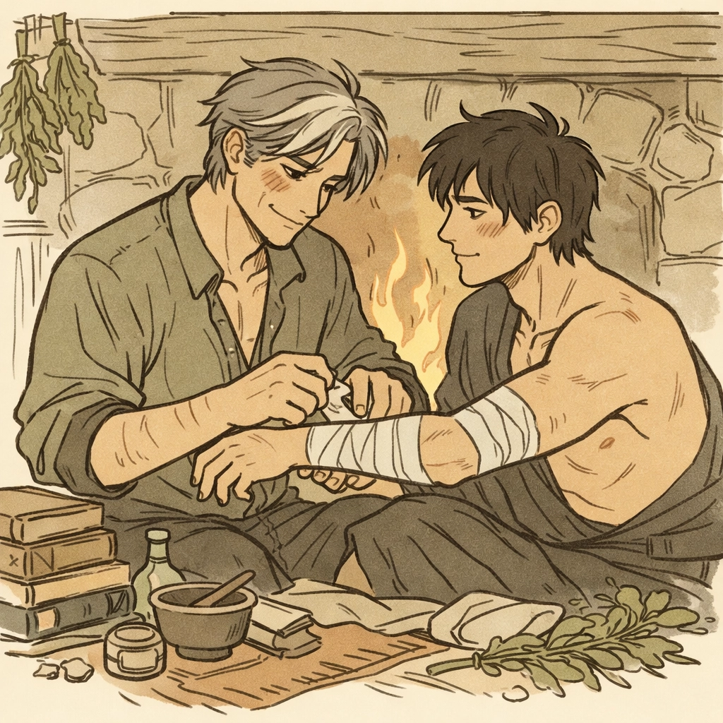 Healing moment between two men by fireplace - emotional MM romance scene