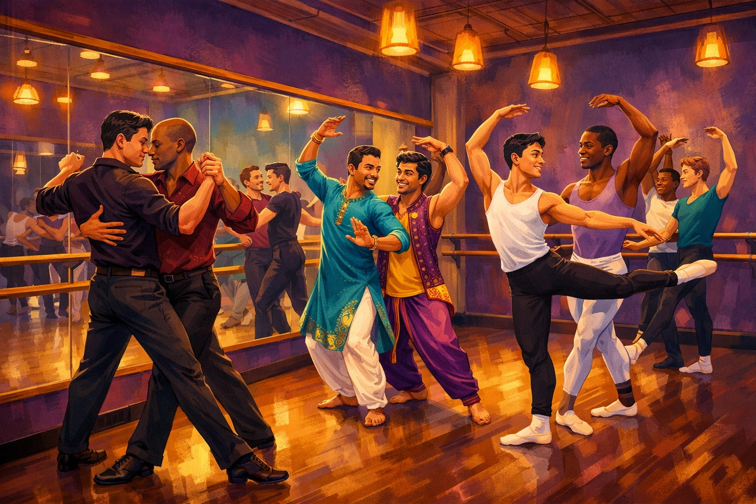 Diverse male dancers practicing ballet, tango, and Bollywood in LGBTQ+ dance studio