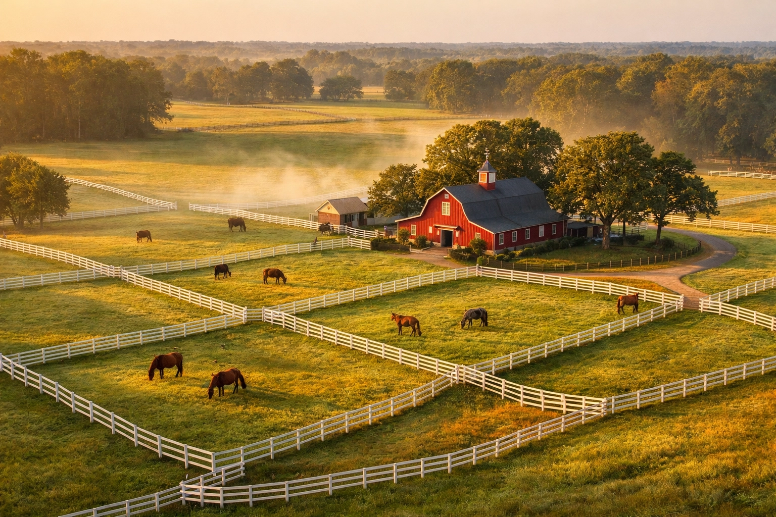 Aerial view of horse farm for sale in Waxhaw NC with fenced pastures and red barn
