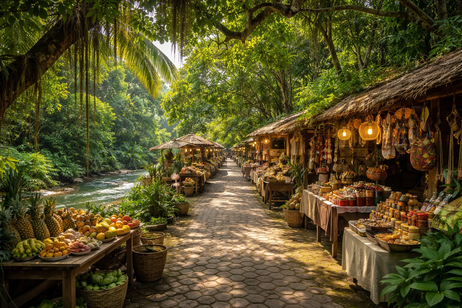 Peaceful Isla Cuale Market pathway lined with artisan food stands and tropical greenery in Old Town Puerto Vallarta.