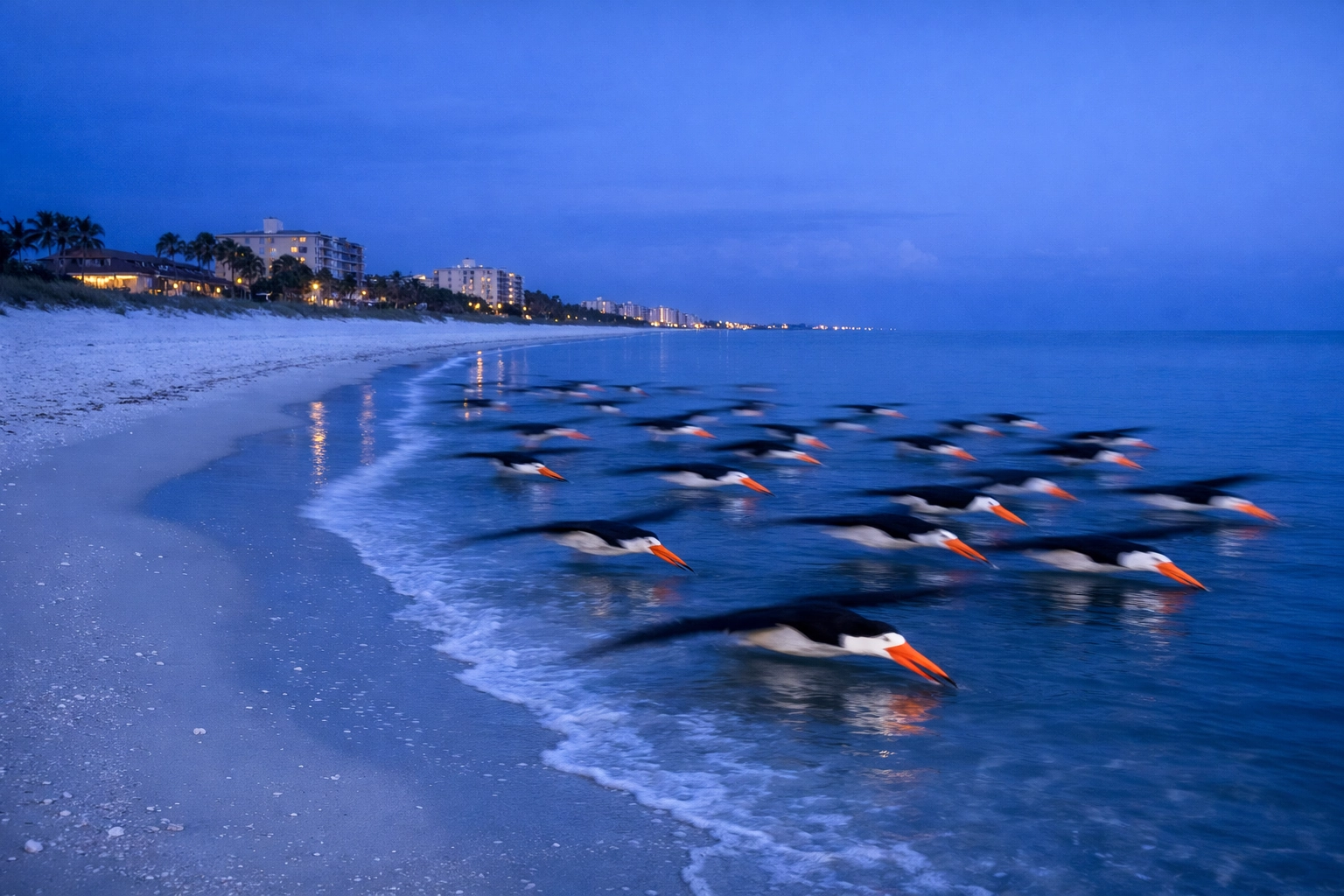 Black Skimmers gliding over the ocean at blue hour, highlighting coastal Florida wildlife photography opportunities.