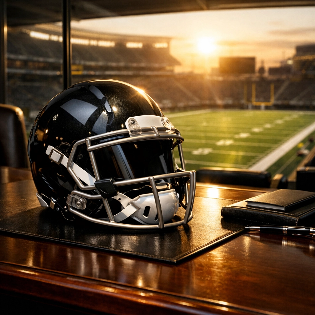 Football helmet on an executive desk overlooking Levi's Stadium, symbolizing Super Bowl business strategy.