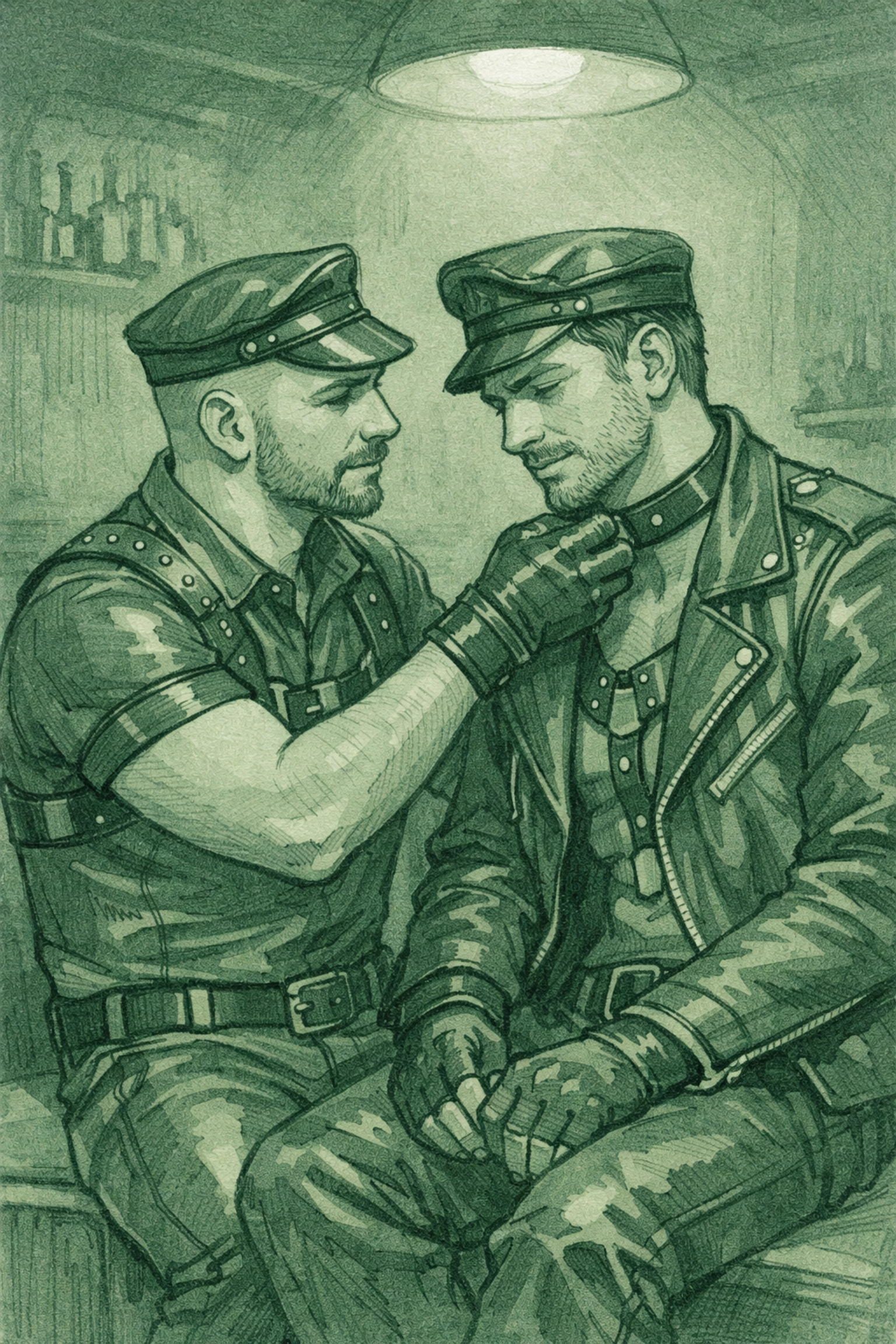 Gay men in leather gear share tender moment in quiet corner of MM romance fetish community space