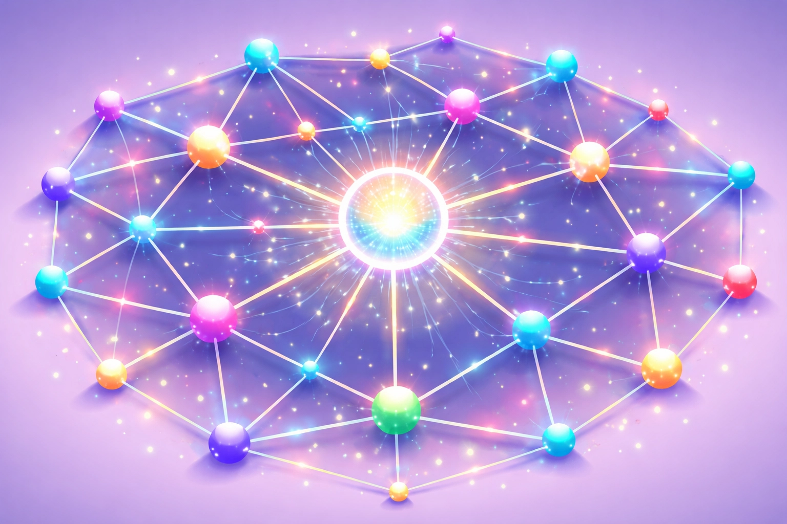 Glowing interconnected nodes symbolizing how press releases build website authority through valuable backlinks.