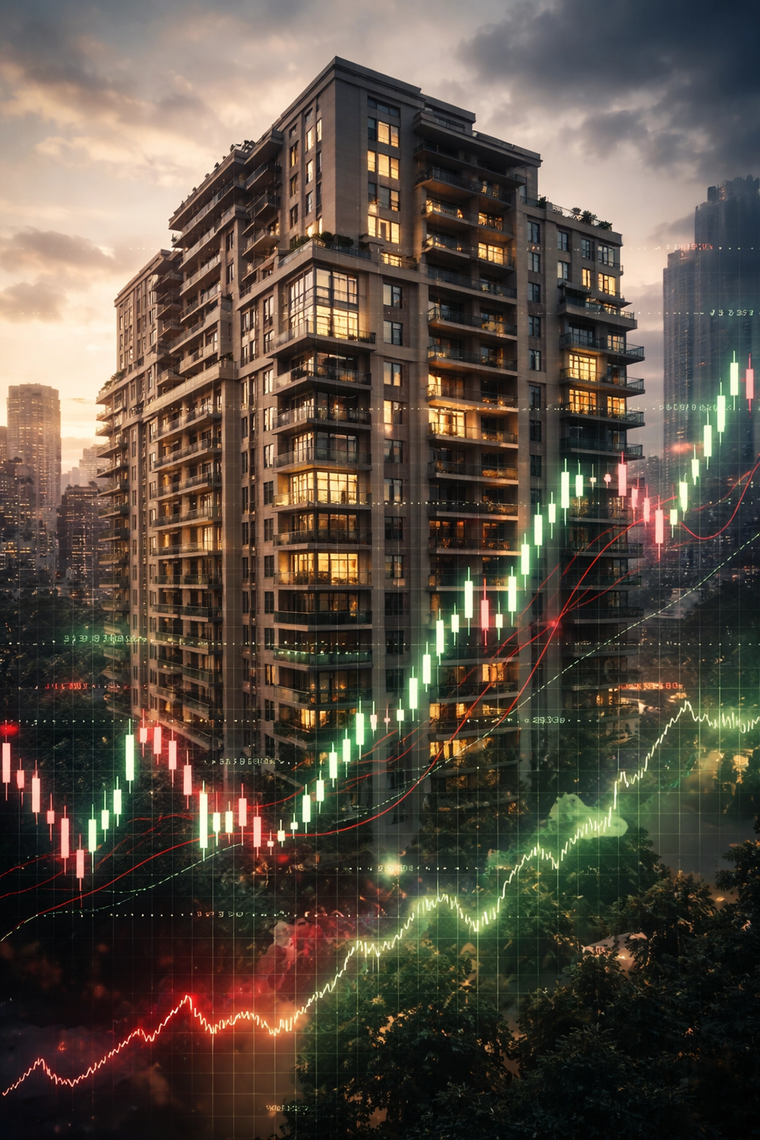 Luxury apartment blended with volatile stock charts, reflecting fluctuating values in tokenized real estate investments