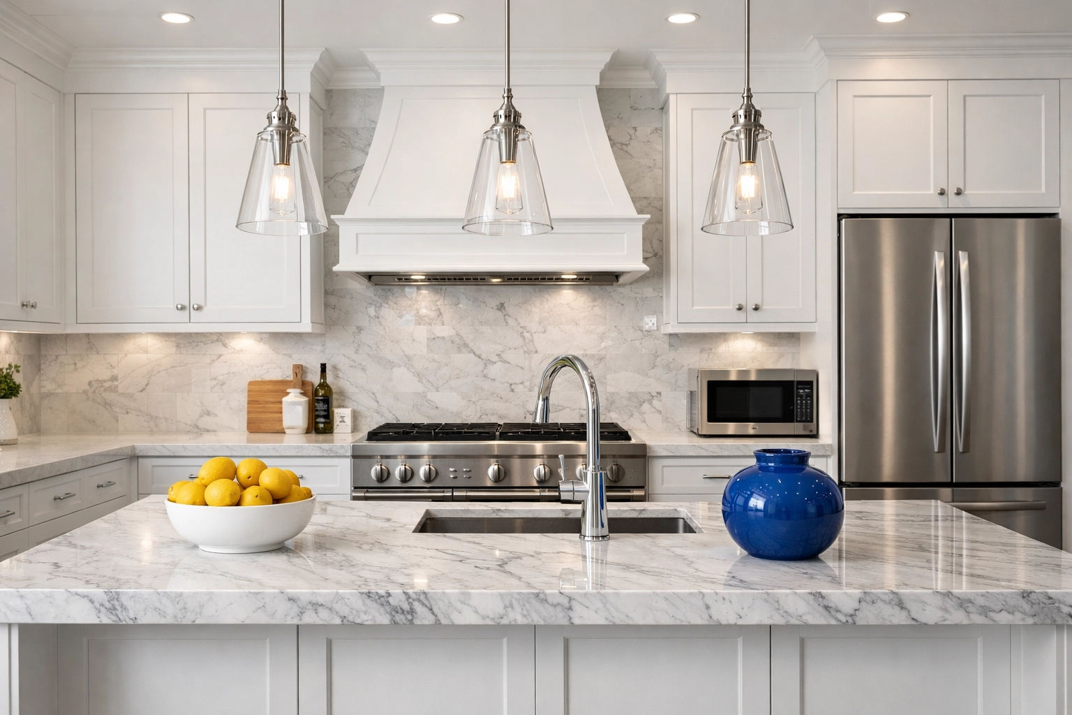 Spotless modern kitchen in Leominster featuring deep cleaned white cabinets and a sparkling marble island.