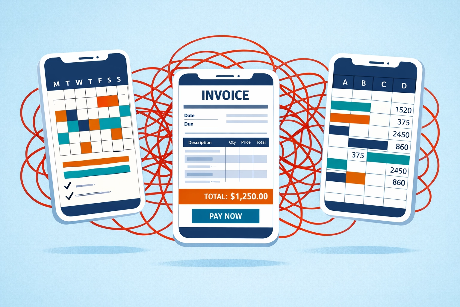 Three disconnected business apps creating chaos between scheduling, invoicing, and cash flow tracking