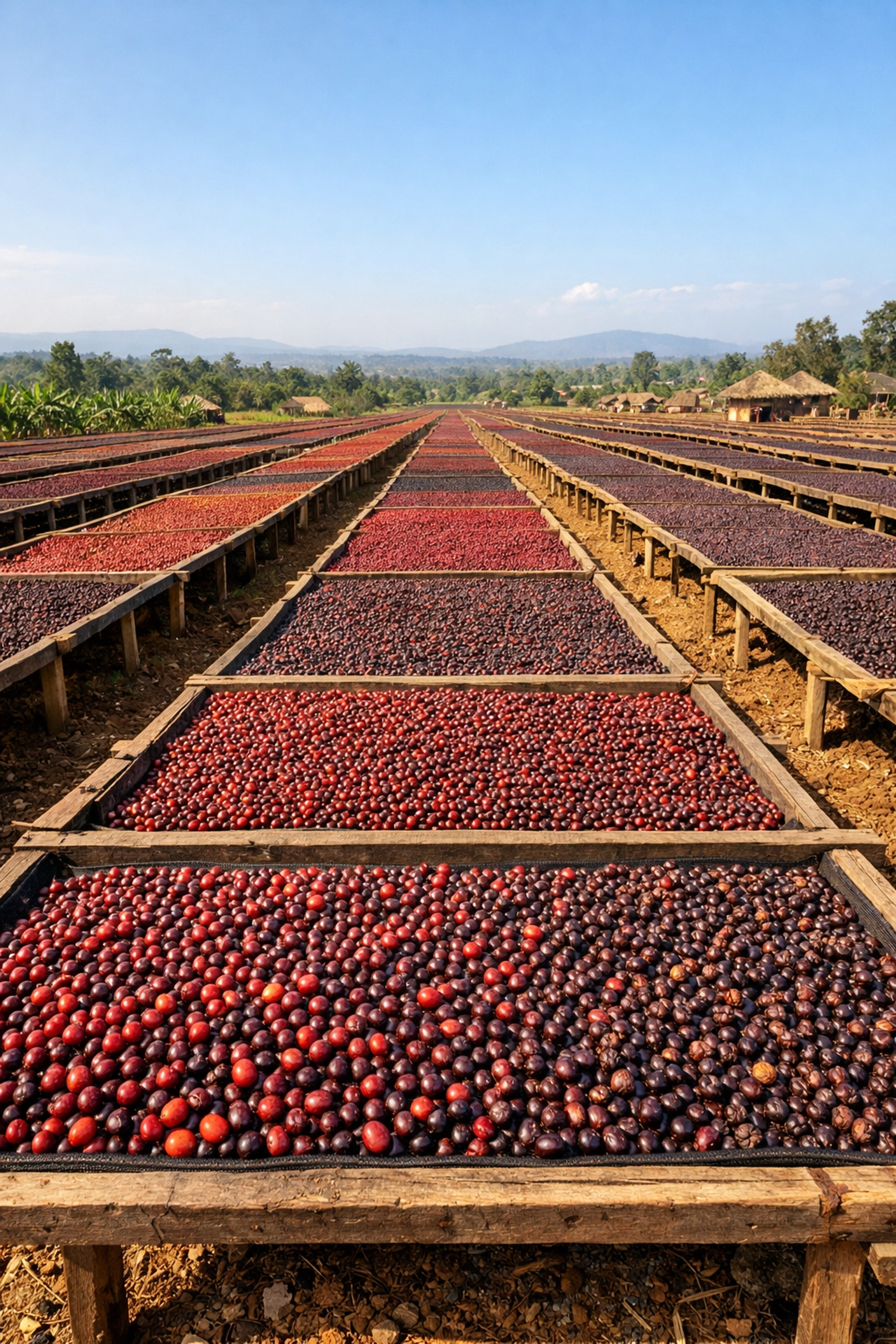 African raised drying beds with coffee cherries sun-drying to enhance natural fruit profiles.