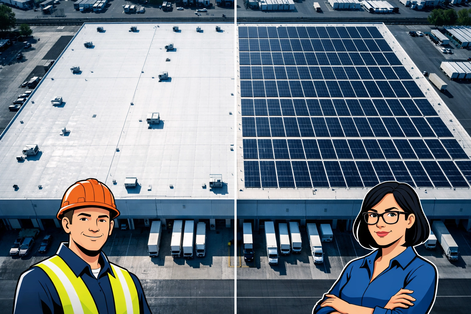 Distribution center rooftop before and after solar panel installation showing monetization potential