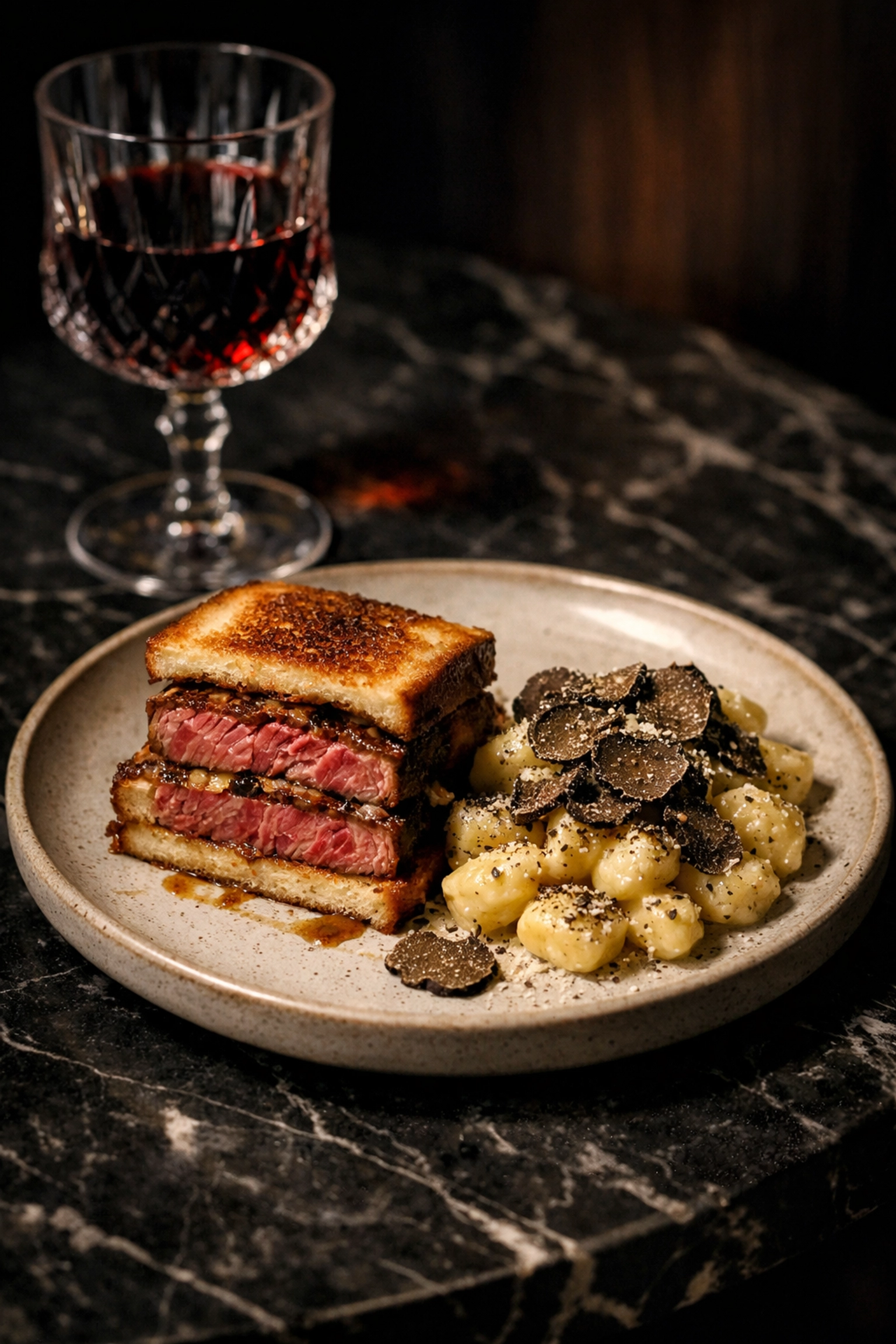 Gourmet Wagyu beef sandwich and truffle gnocchi at a high-end Plateau restaurant.