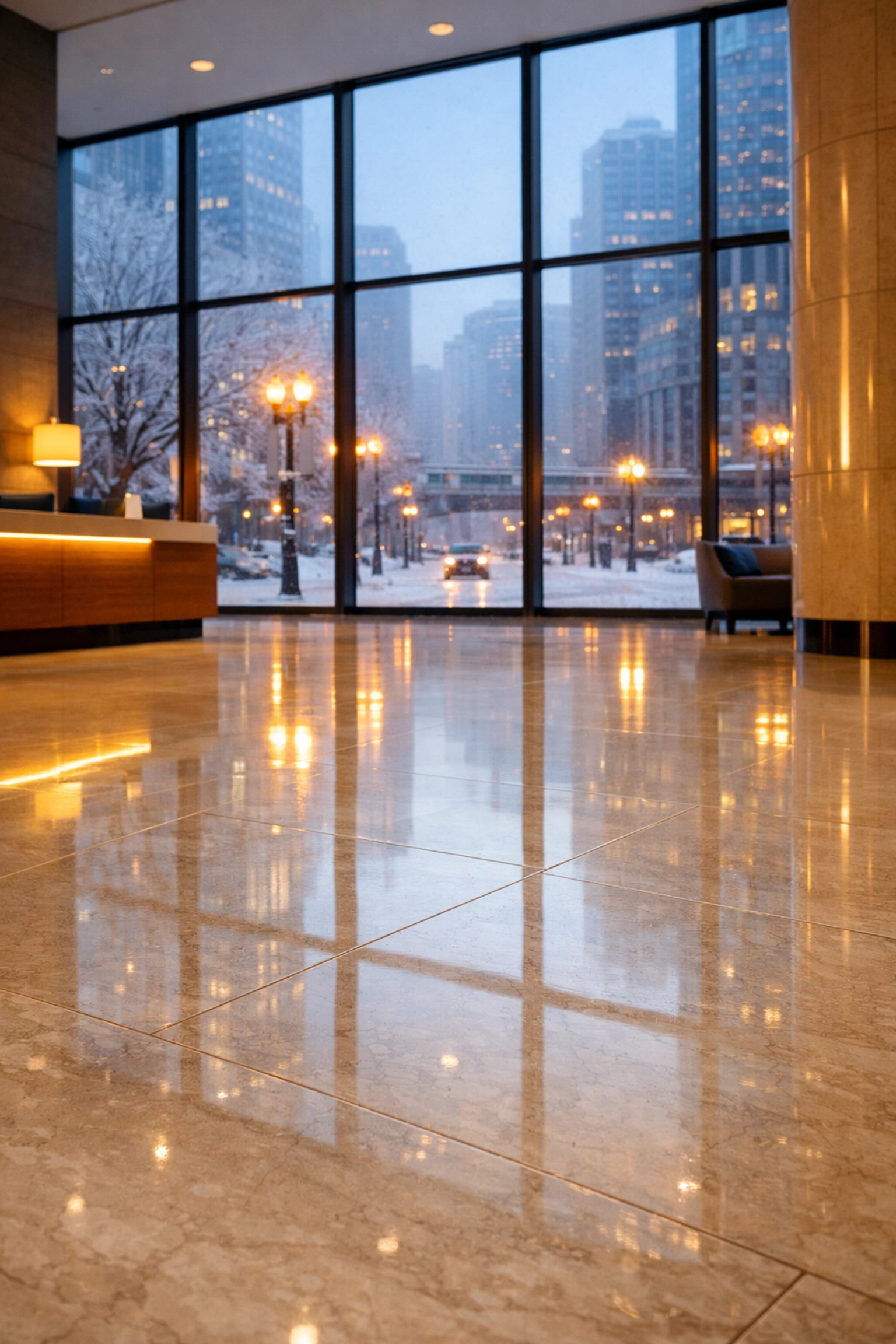 Pristine commercial lobby floor in a Chicago high-rise, protected from winter salt.