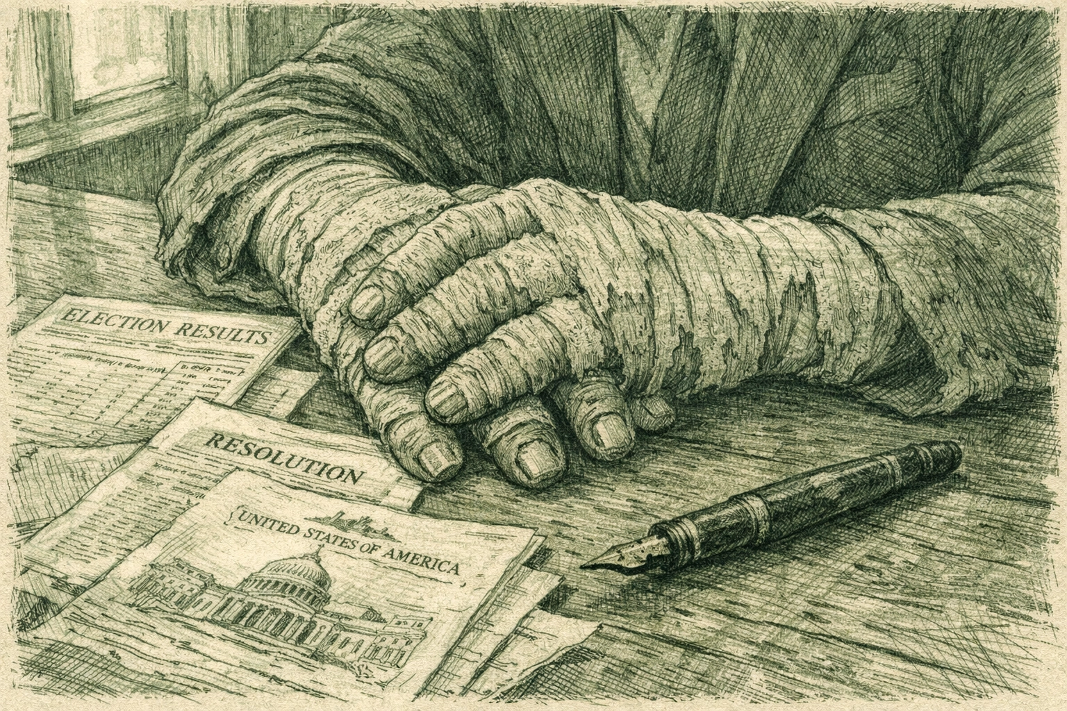 Bandaged hands beside political documents and pen - physical toll of scandal in gay fiction