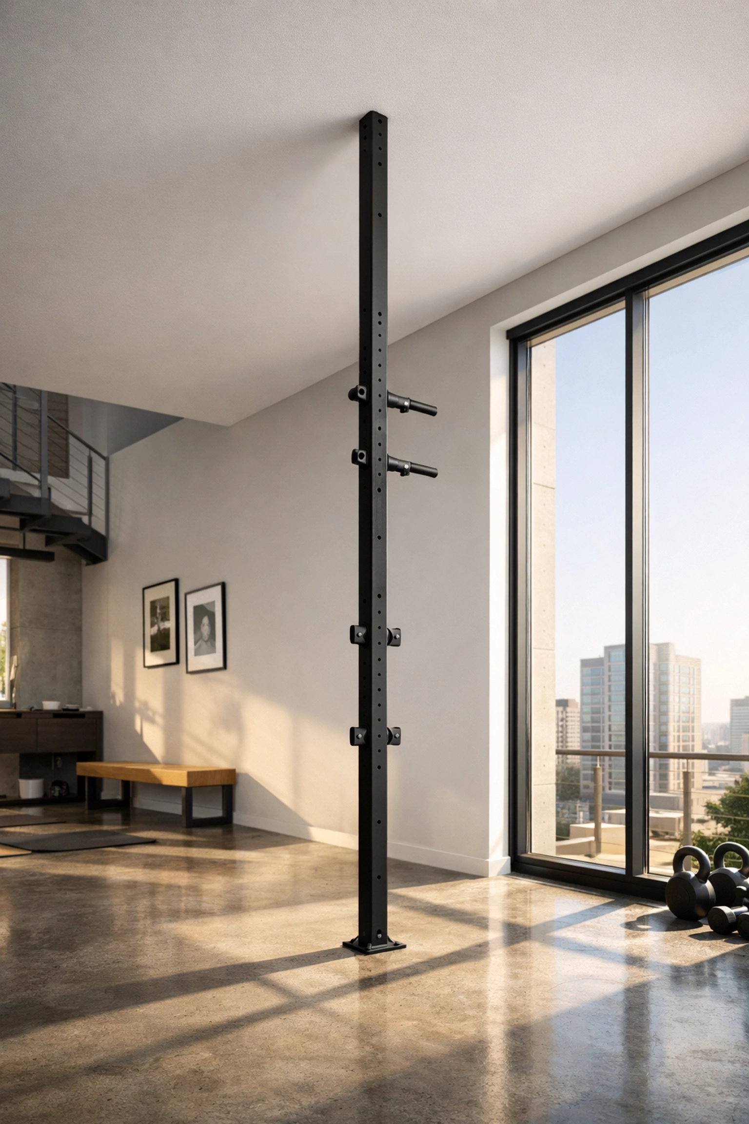 Modern floor to ceiling gym system for high-performance home bodyweight training and calisthenics.