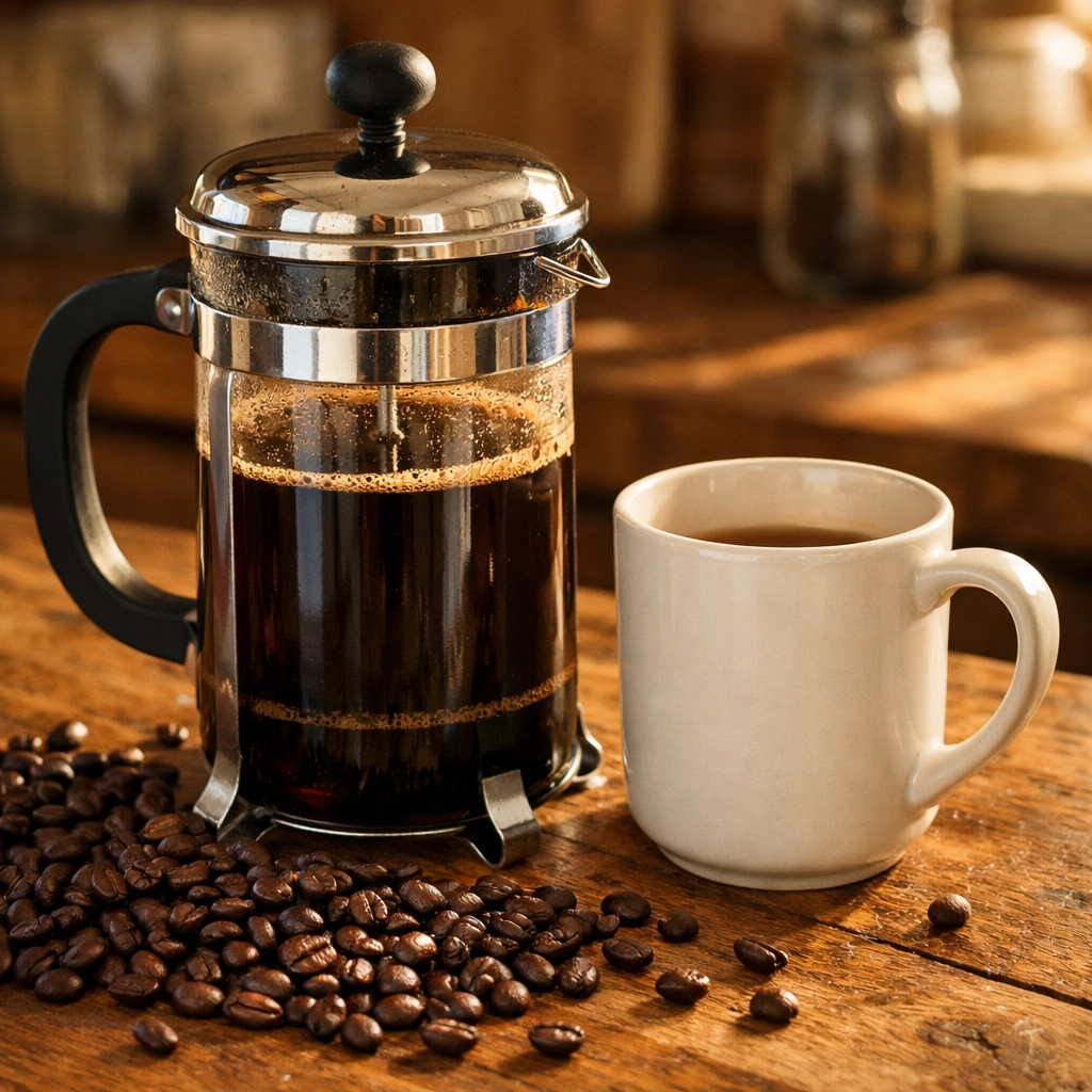 French press brewing dark roast coffee with beans on kitchen counter