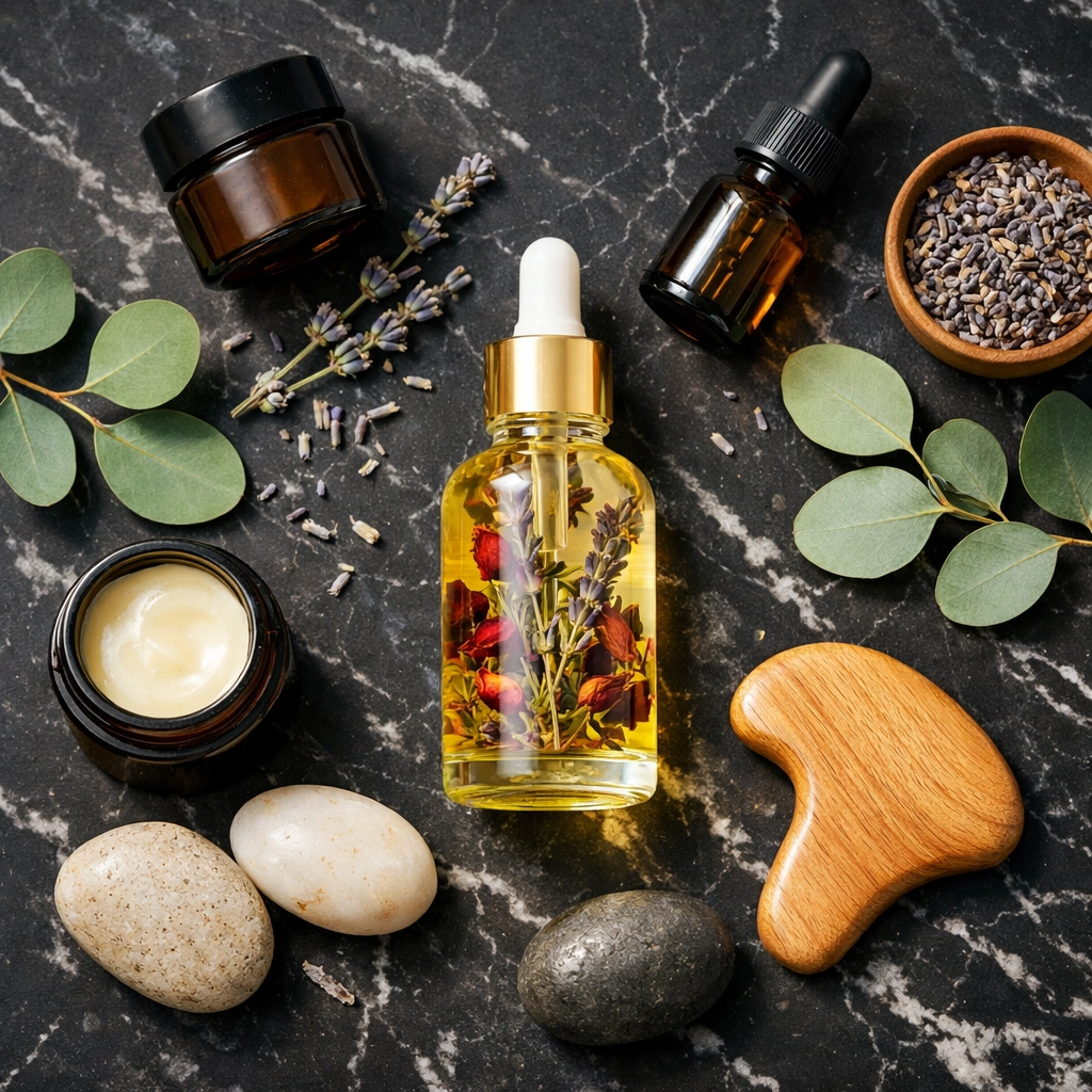 Natural spa products with botanical oils, lavender, and skincare essentials for home ritual