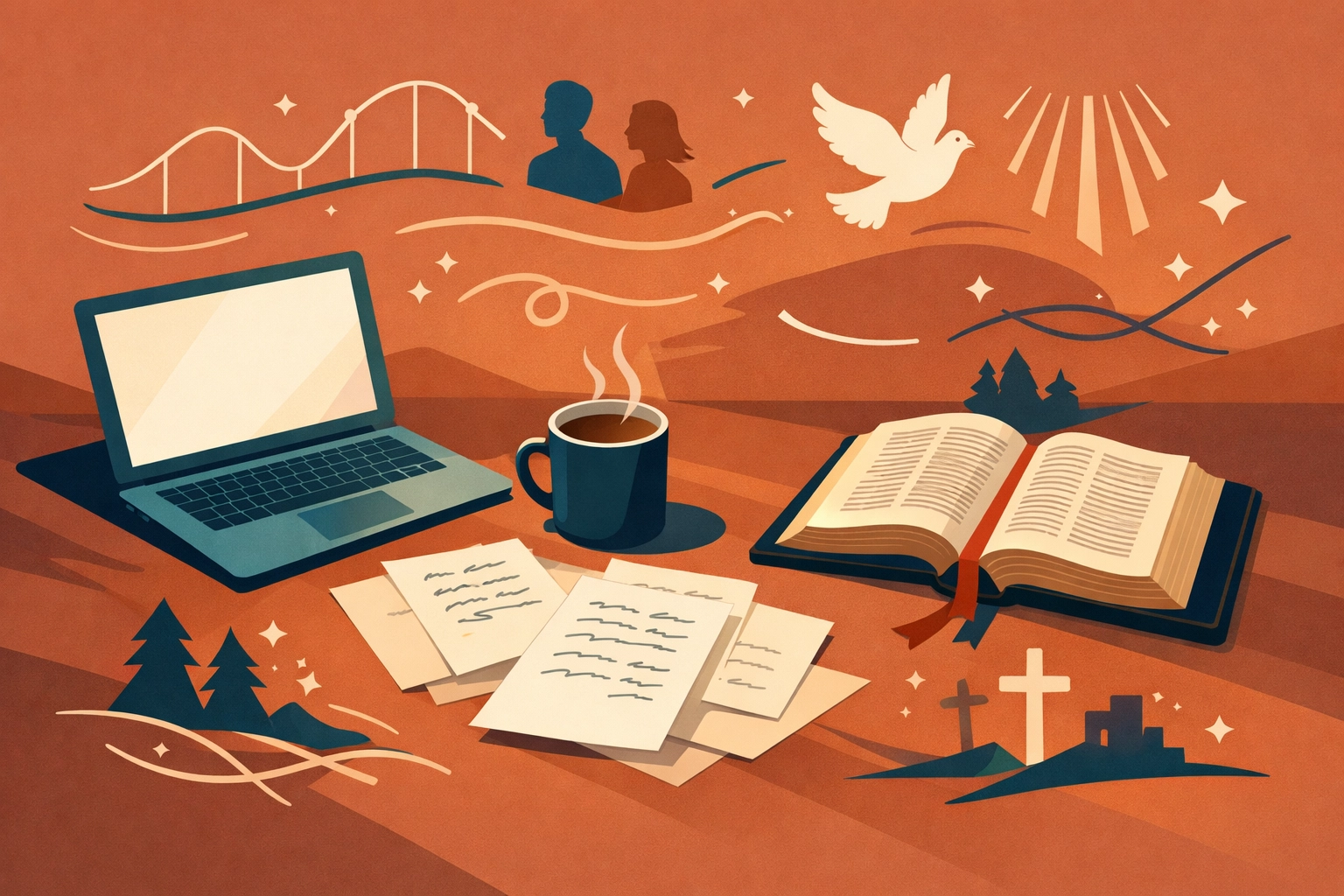 Writer's desk with Bible and laptop showing Christian fiction writing process and craft