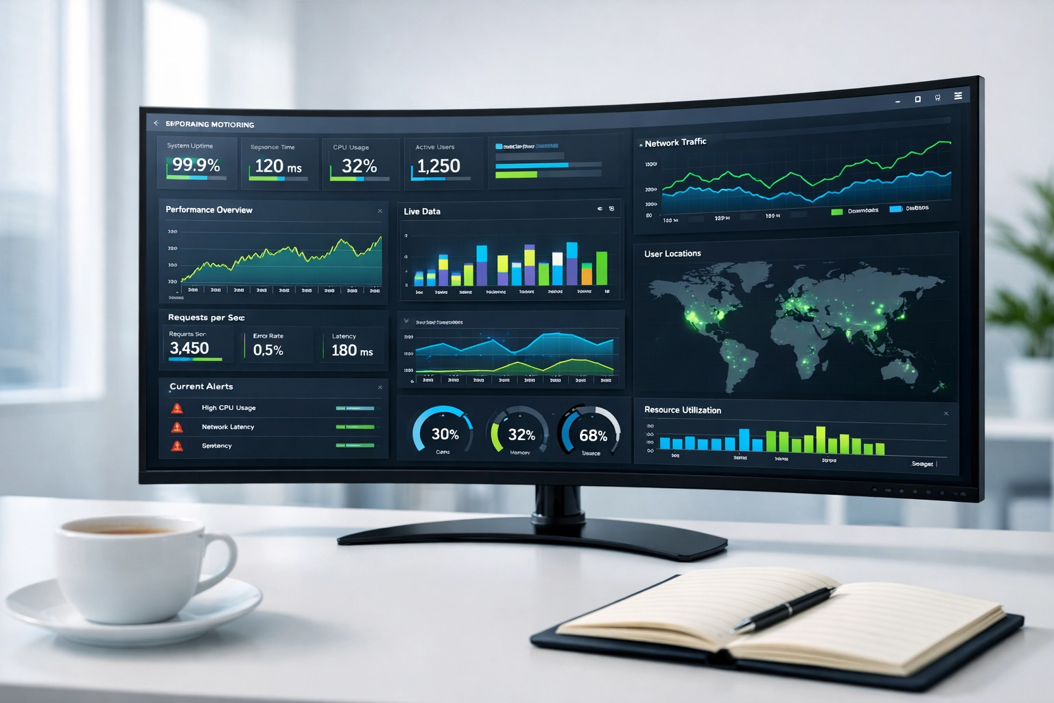 Real-time AI monitoring dashboard displaying performance metrics and analytics