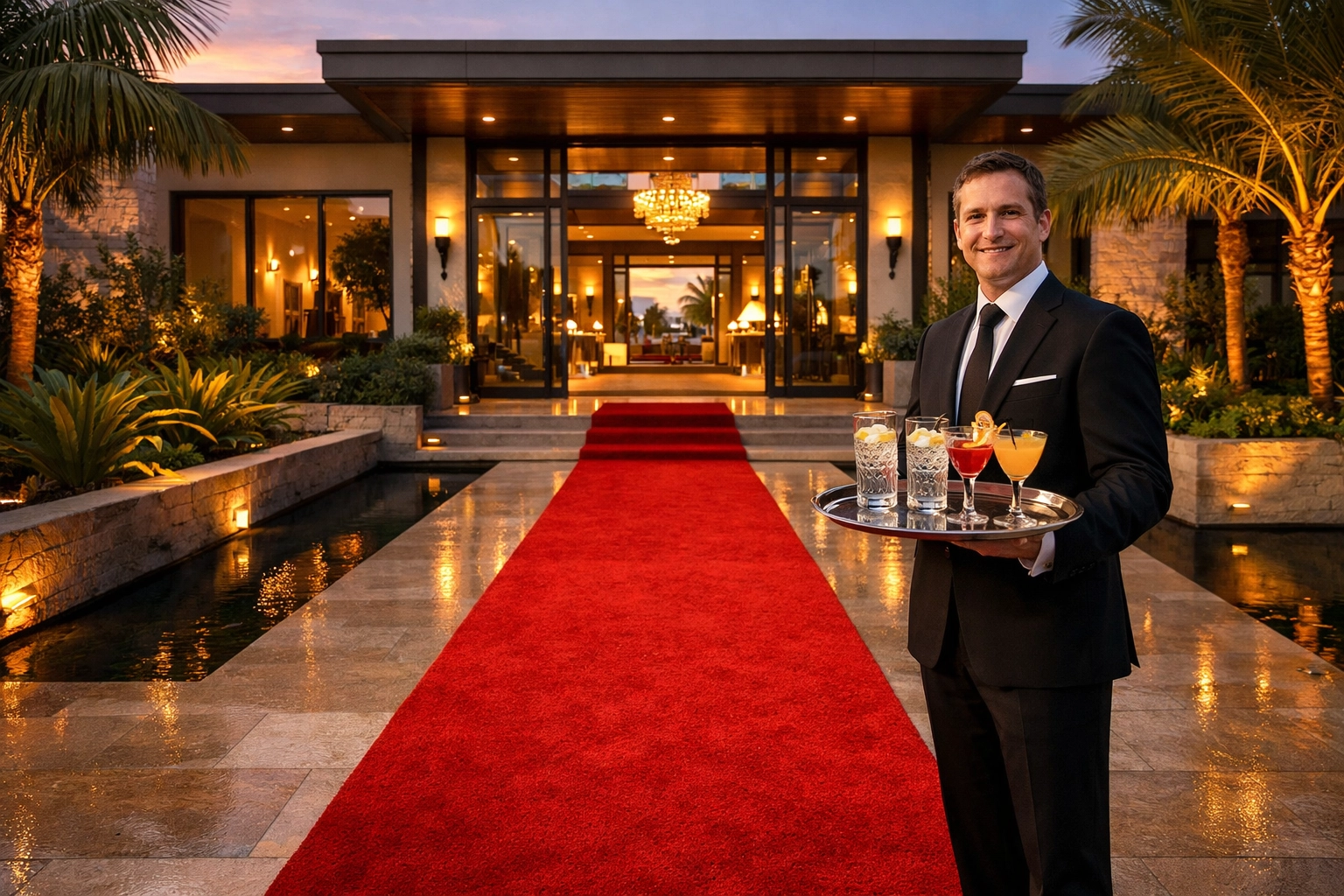 VIP executive hosting at a luxury villa with a red carpet entrance for Super Bowl clients.