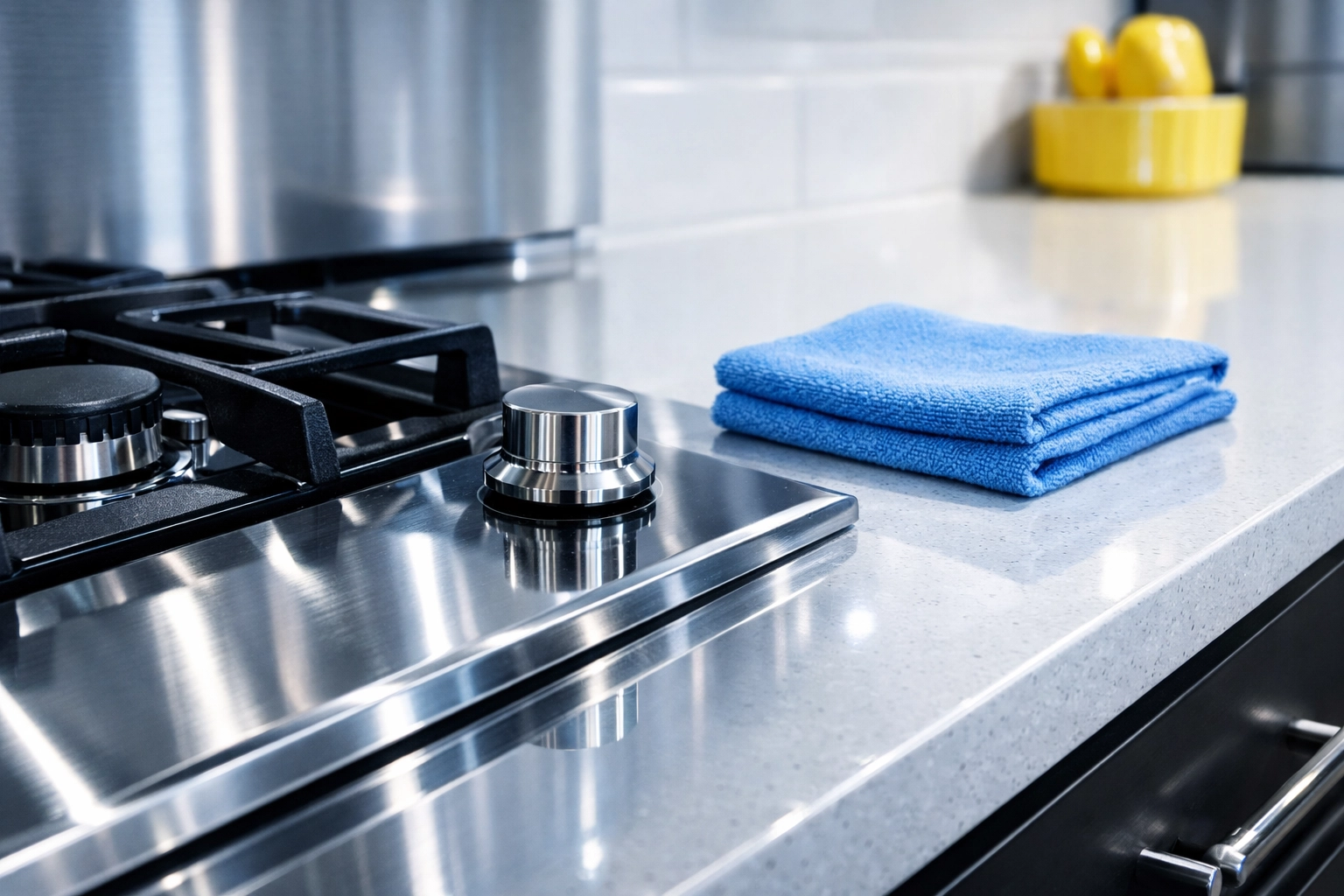 Detailed clean of a modern kitchen stovetop and counter during a Boston apartment move-out cleaning.