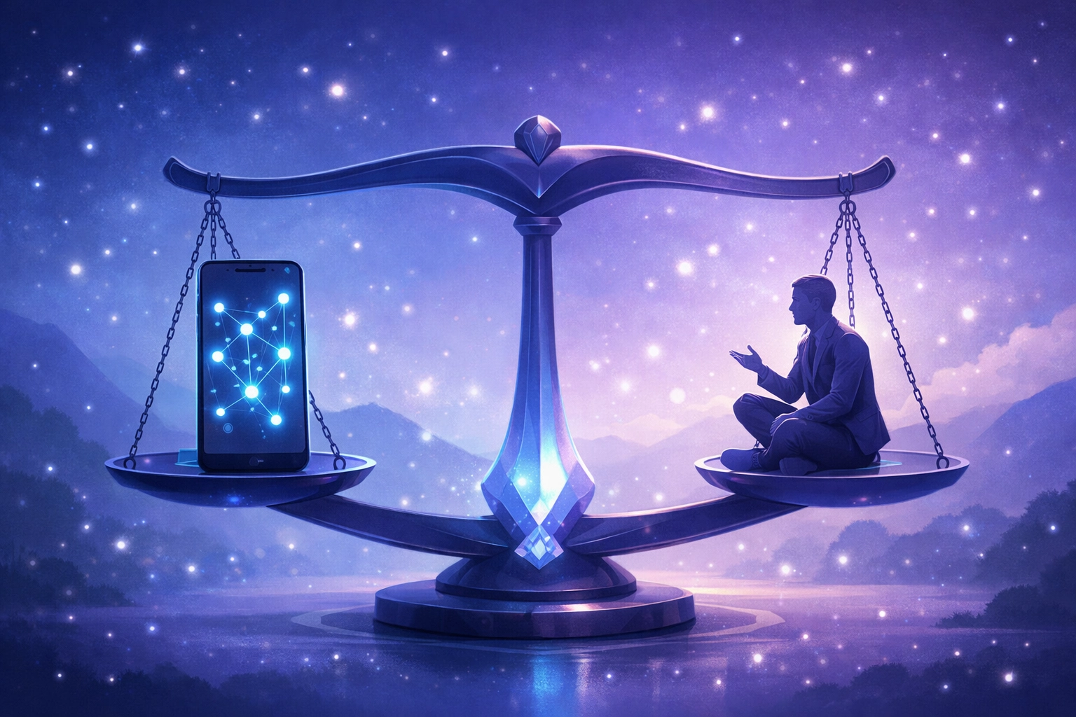 Magical illustration of AI life coaching vs traditional coaching in serene blue-purple tones