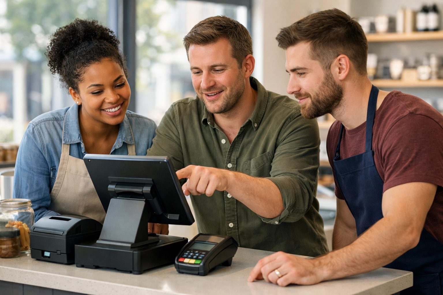 UK business team evaluating POS system features during demonstration