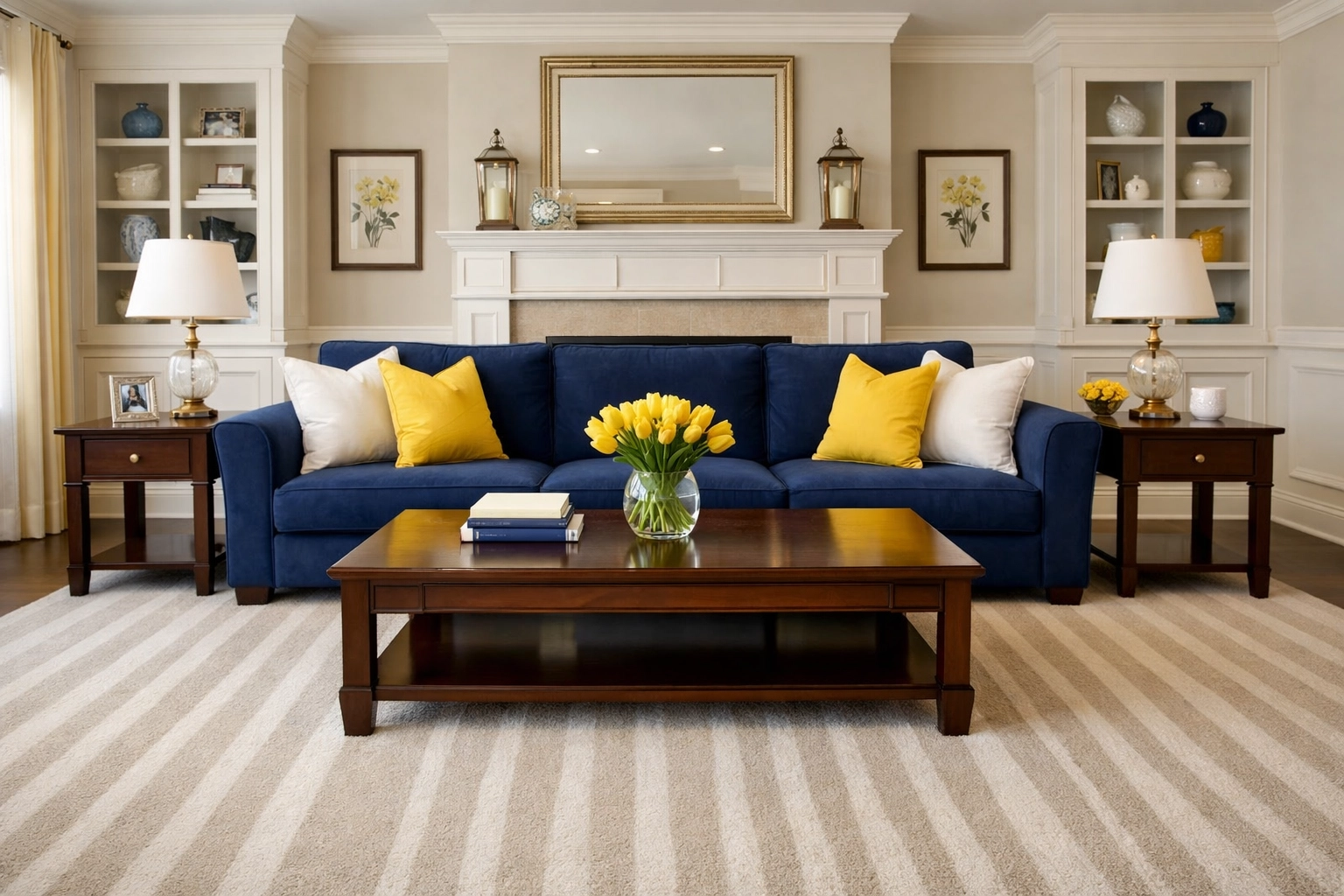 A guest-ready Westford living room with fresh vacuum lines from a weekly house cleaning service.