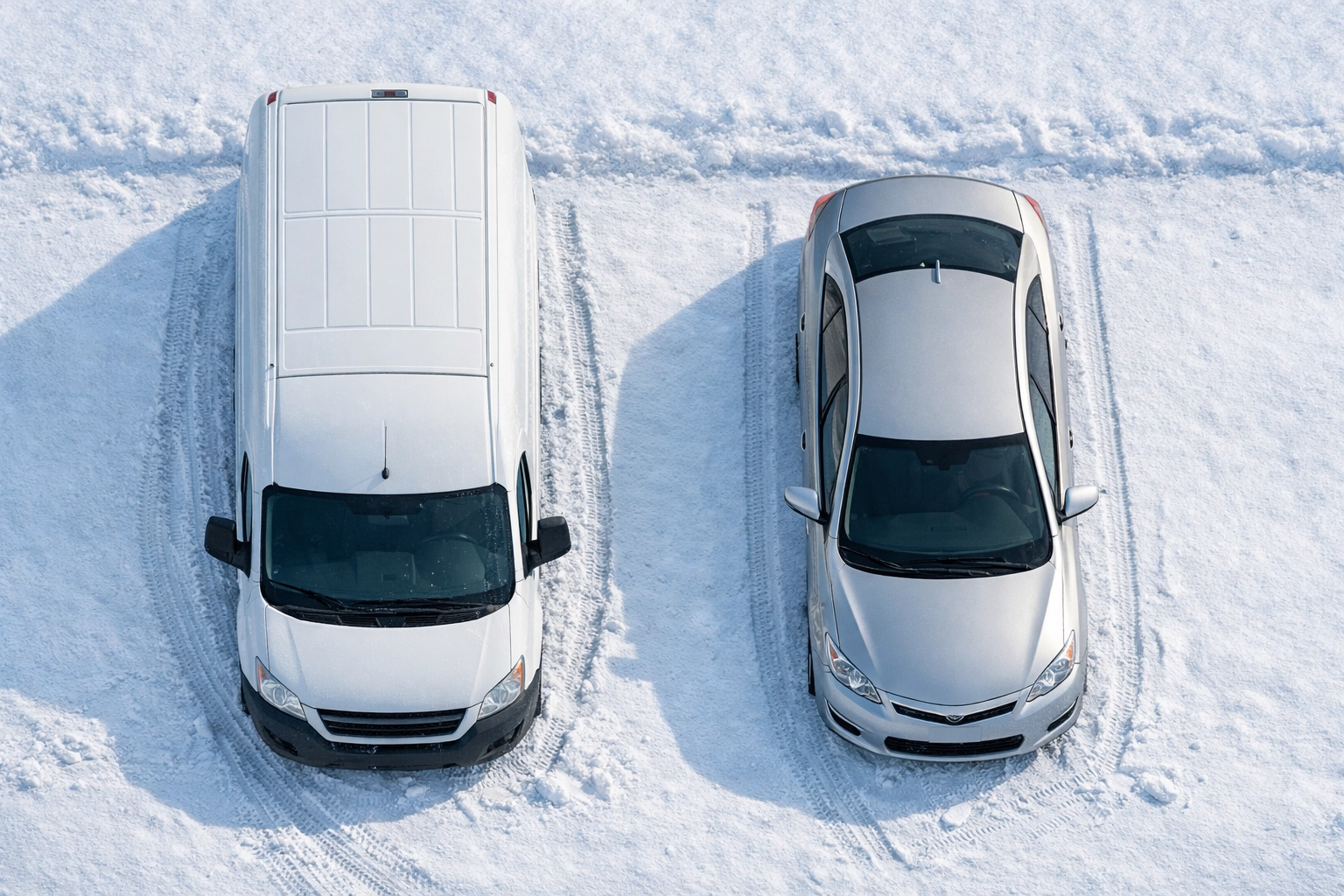 Commercial delivery van and personal sedan side-by-side in Alaska parking lot