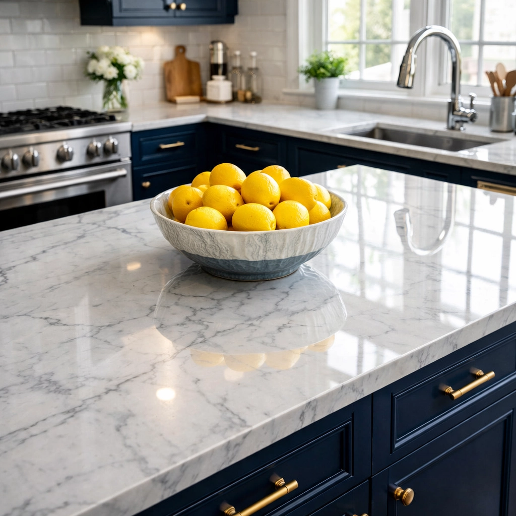 Spotless kitchen with white marble countertops cleaned by professional weekly house cleaning in Needham.